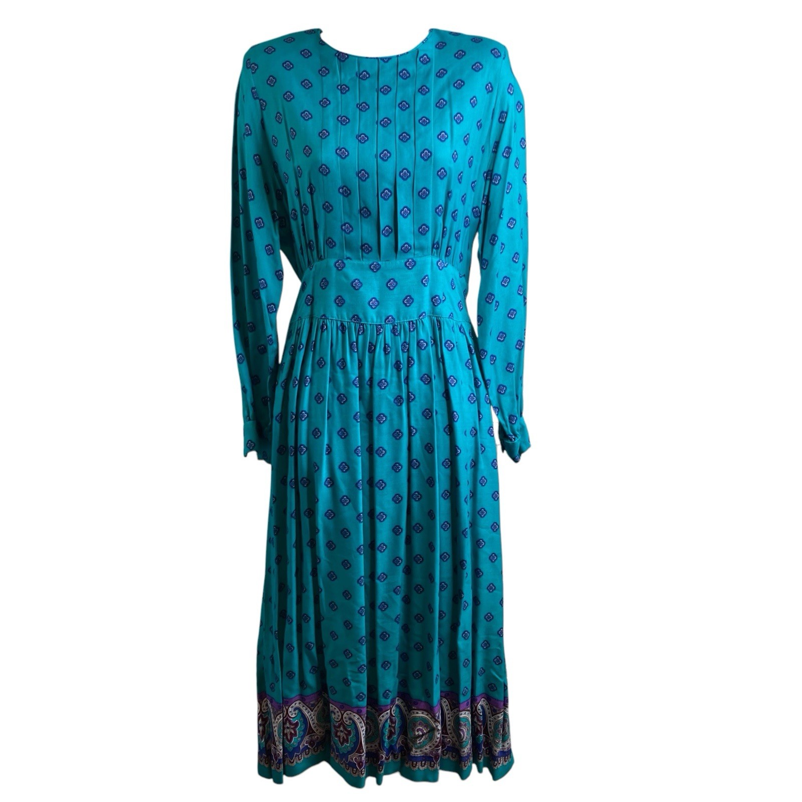Vintage California Girl Teal Print Midi Dress Sz 12 Modest Cottagecore Prairie