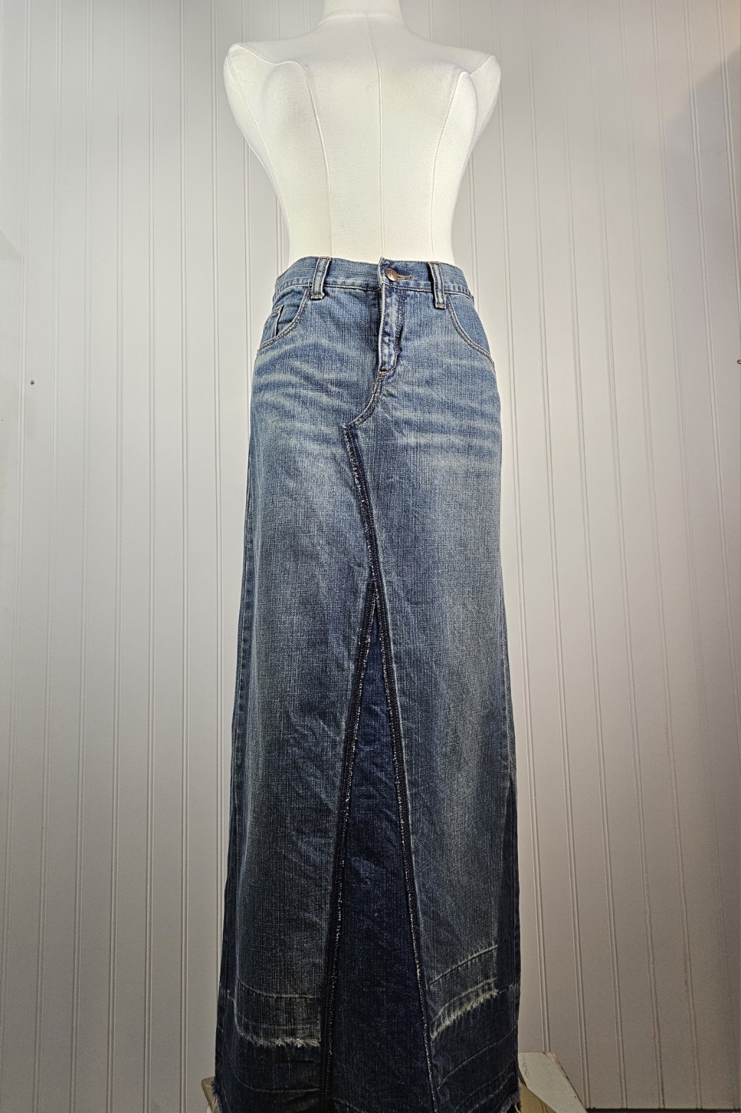Express Vintage Denim Jean Maxi Skirt Women’s Size 1/2 Back Slit Boho Y2K