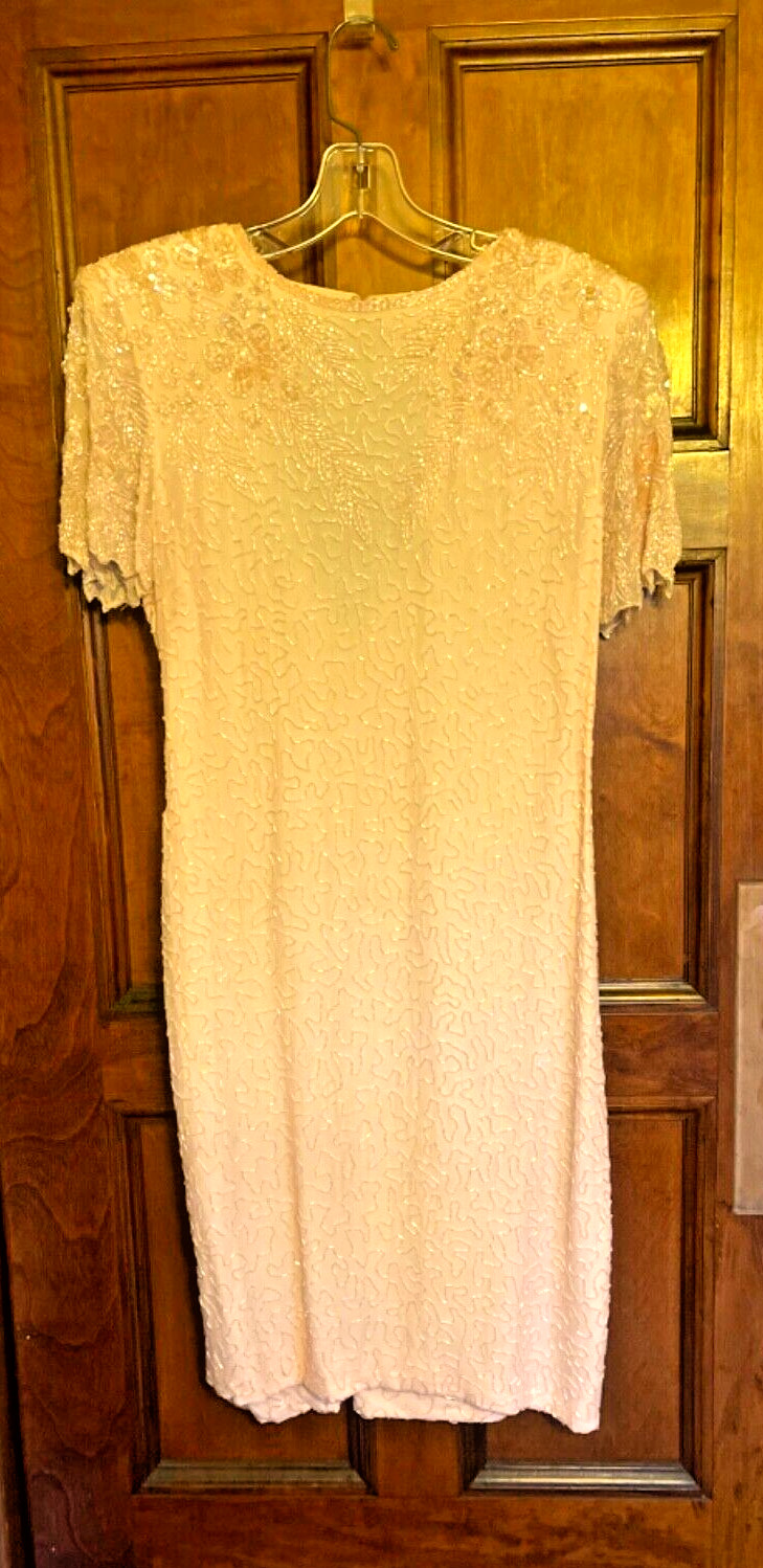 Vintage Pink Beaded Sheath Dress with Peek-a-Boo Back Silk w/Rayon lining