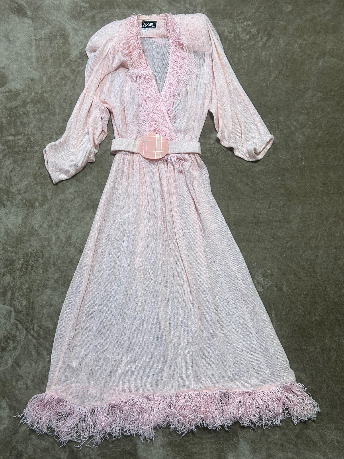 VTG SMALL SYBIL Pink Knit Fringe Diaphanous Transparent Peignoir Dress Glamour