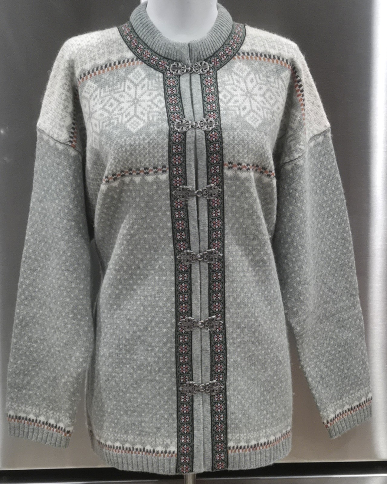 1980s SQUAW VALLEY Nordic Fair Isle Wool Cardigan Sweater Filigree Metal Clasps