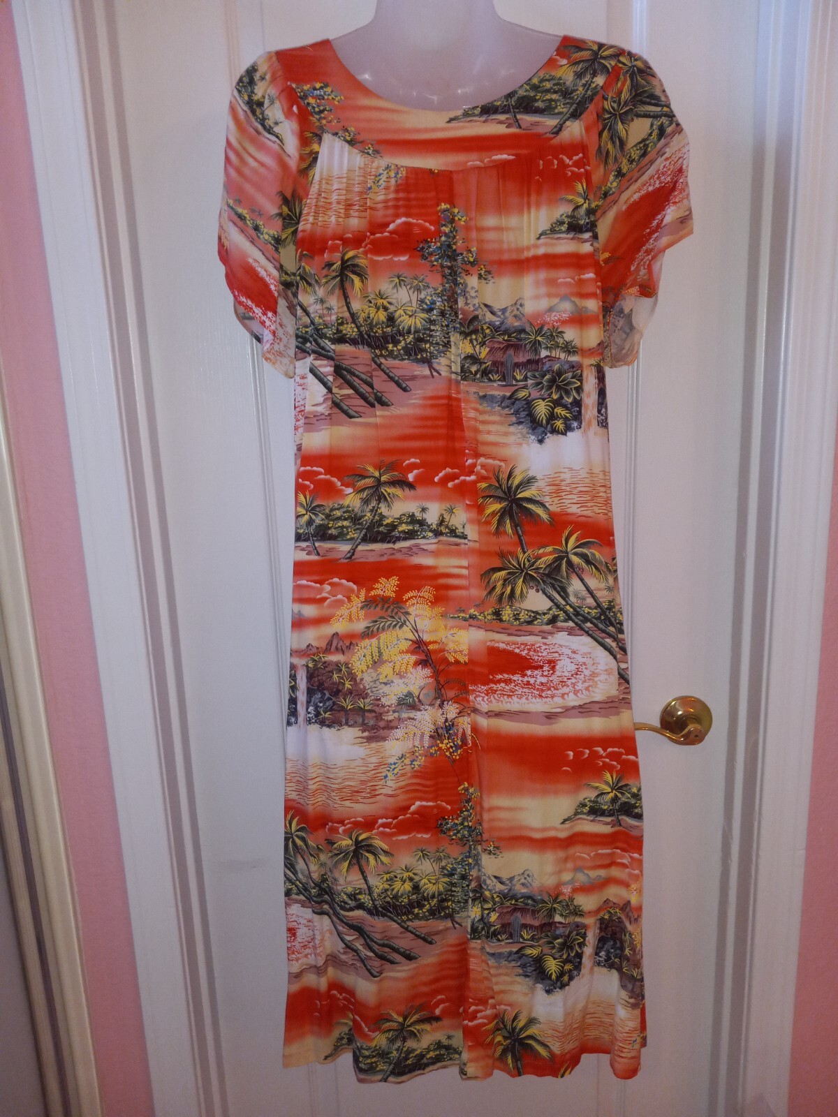 Vintage Puanani Hawaiian Island Orange Rayon Tiki Oasis Maxi Muumuu Dress M