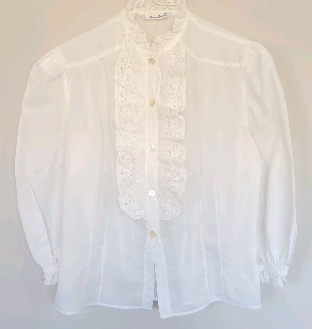 Vintage 50s Cotton Lace Ruffled White Blouse High Collar Small 38