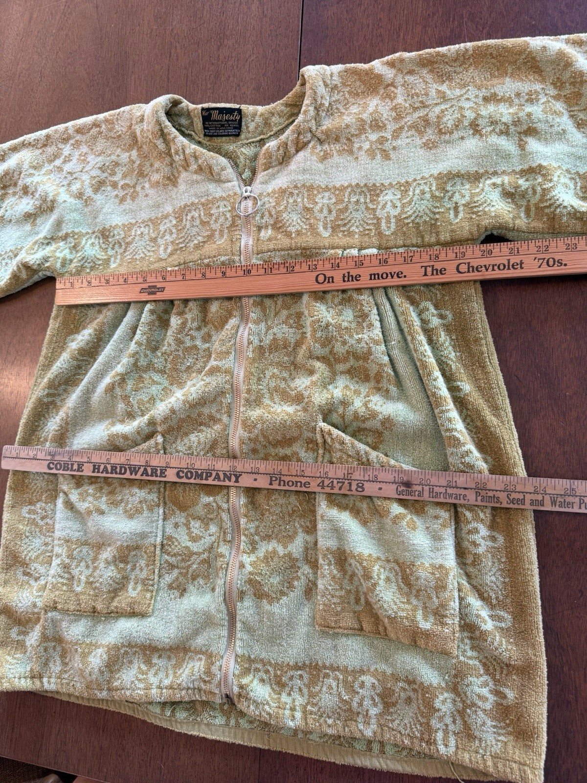 Vintage Her Majesty Green Cover Up Robe Terry Pockets 3/4 Sleeves Zip Up