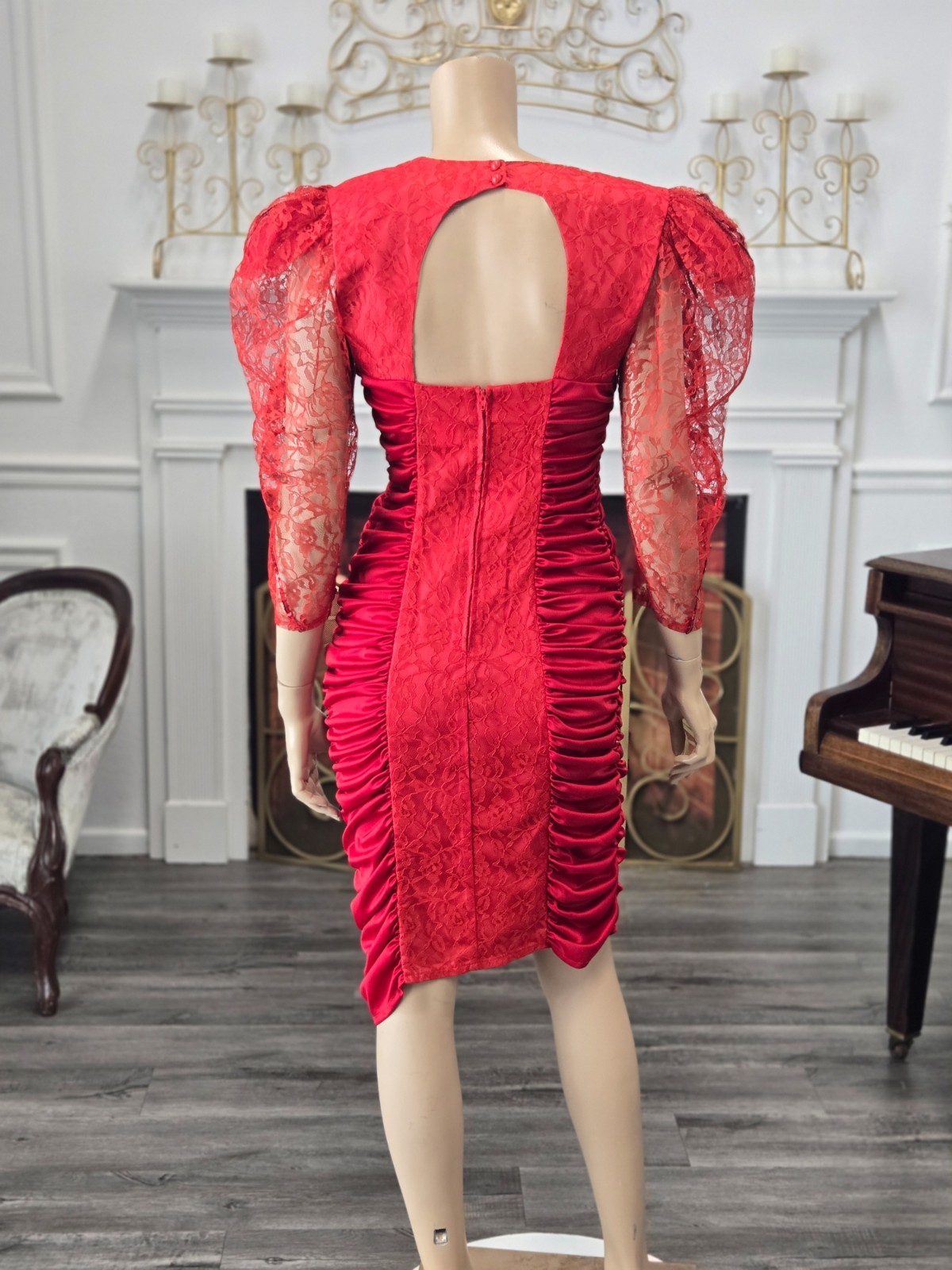 Mayvens Vintage 80s 90s Red Sequin Lace Ruched Sexy Party Prom Dress sz 7