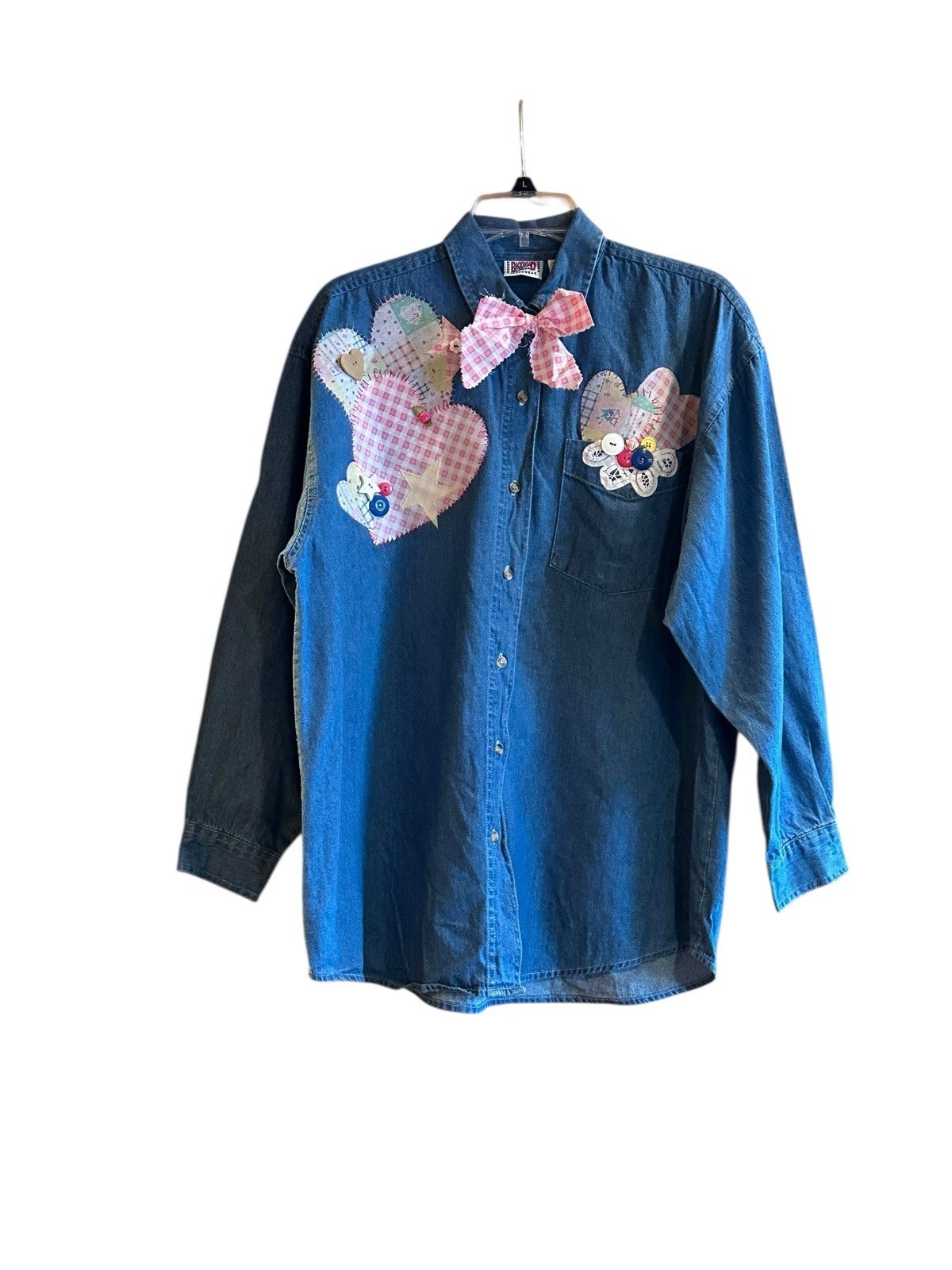 Vtg Western Country 90s Patchwork Denim Top Appliqué Hearts Buttons Lace Large
