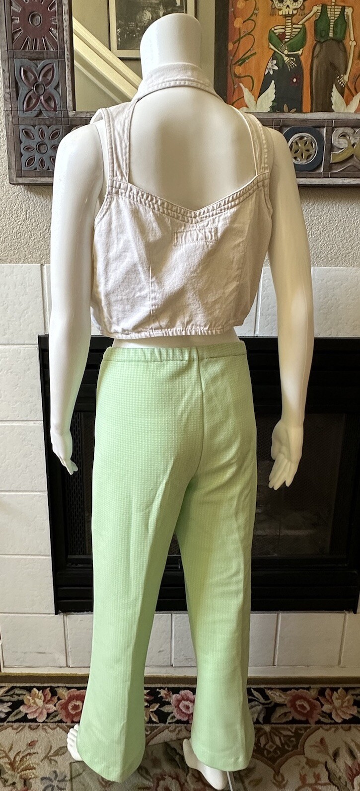 Green Plaid Polyester Pants 31×28 Lightweight Elastic Waist Vtg 70’s