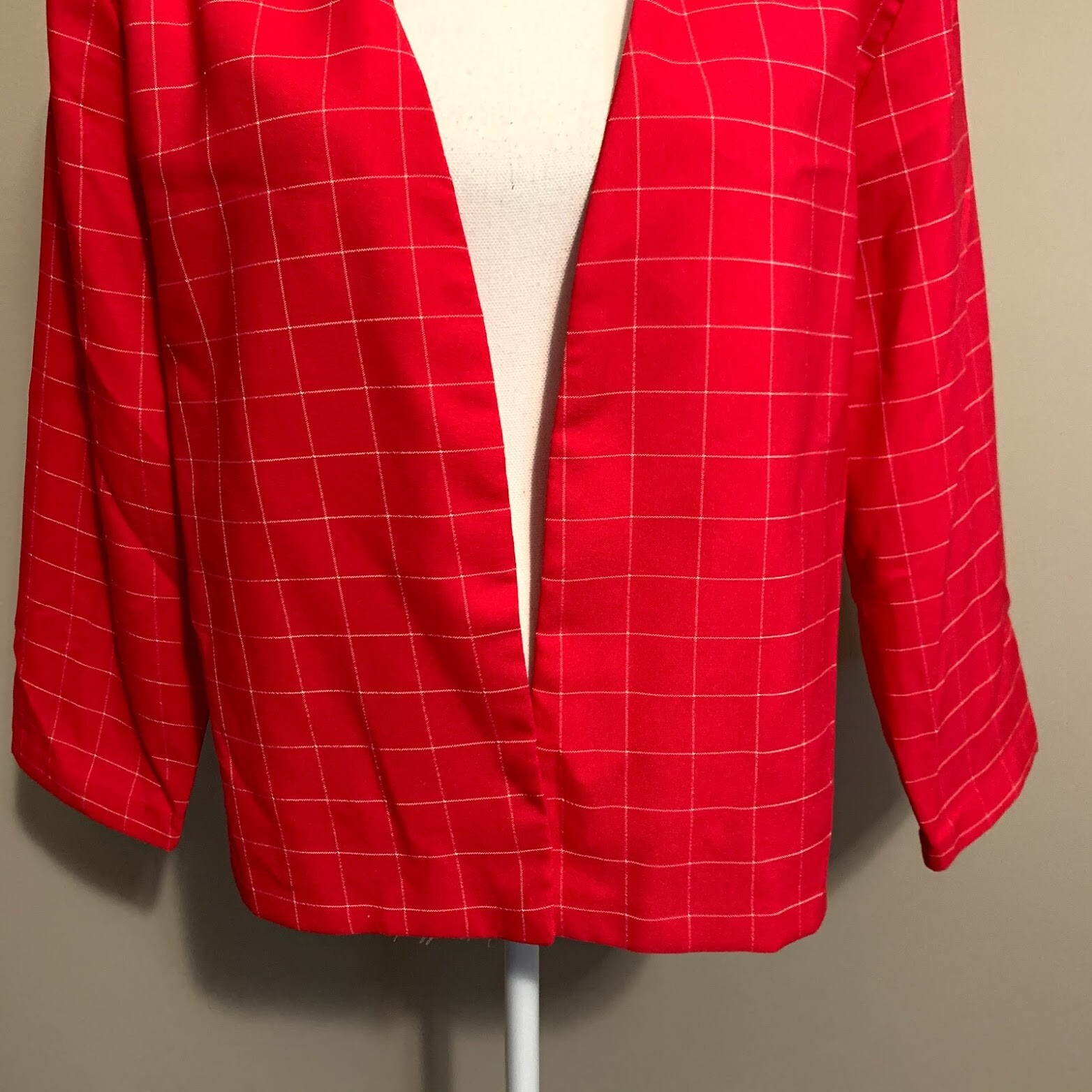 VTG Hot Pink White Windowpane Plaid Open Front Blazer Jacket 80s 90s Size 16