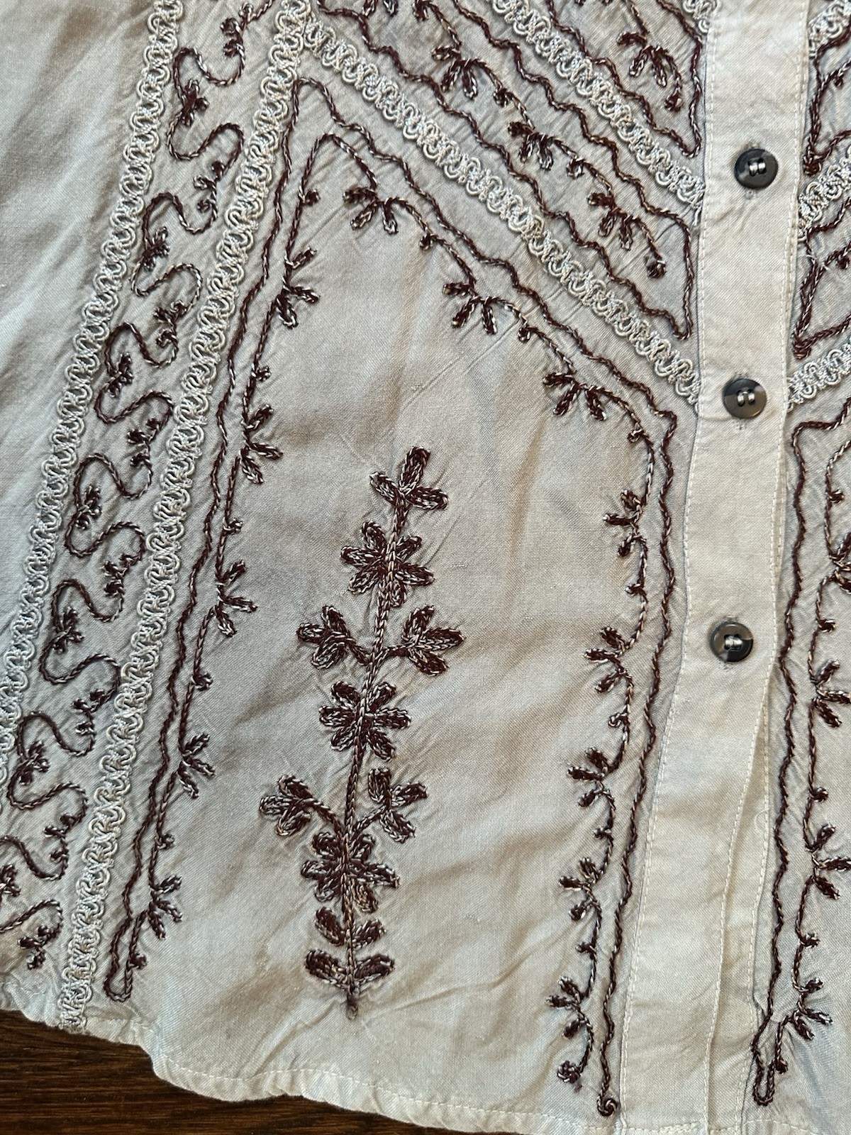 Boho Brown Embroidered Button Front Sundress Dress Whimsical Fairy Festival S