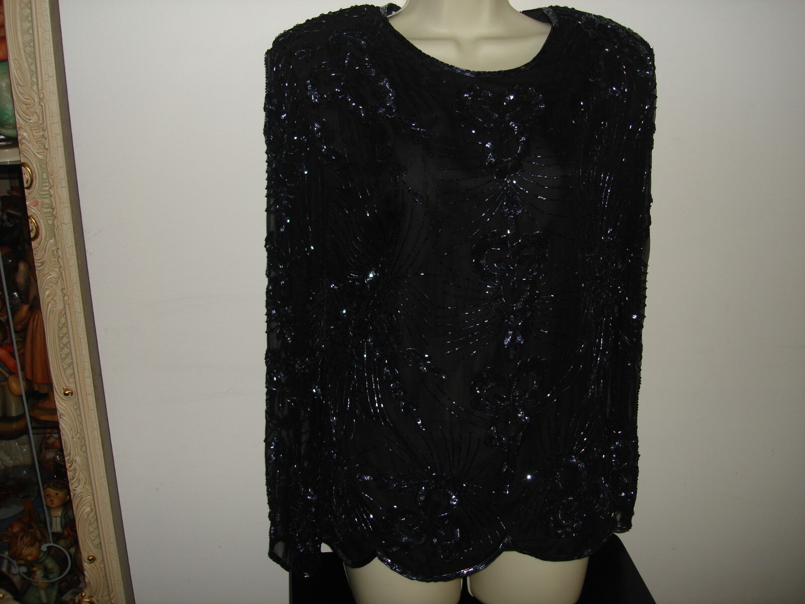 Vintage Unique Nice STENAY EVENING Black Silk Beaded Cocktail Long Sleeve Top L