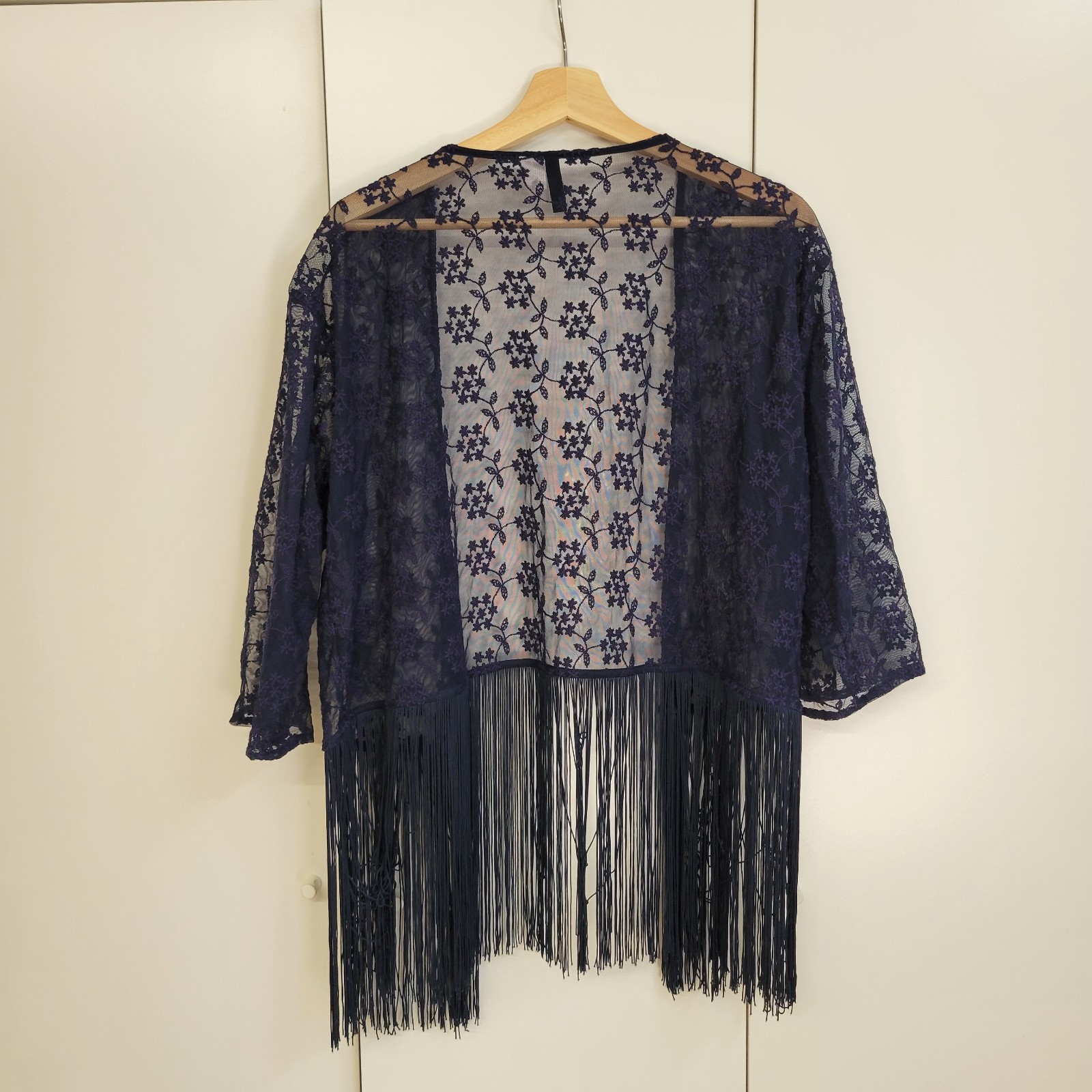 Boho Country Western Fringe Lace Cardigan, Women L, Dark Navy Blue, 3/4 Sleeve
