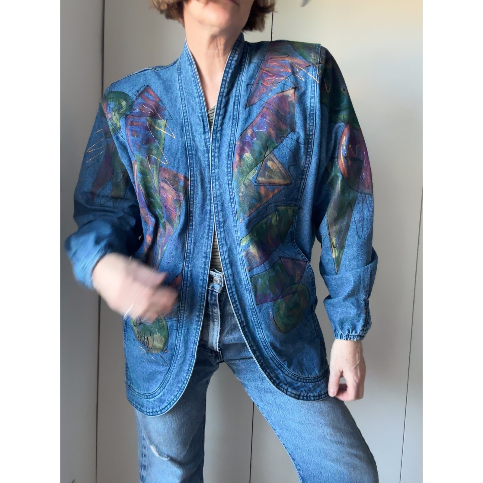 Vintage 80s Denim Jacket Size small Made USA Handpainted Retro Era Unique