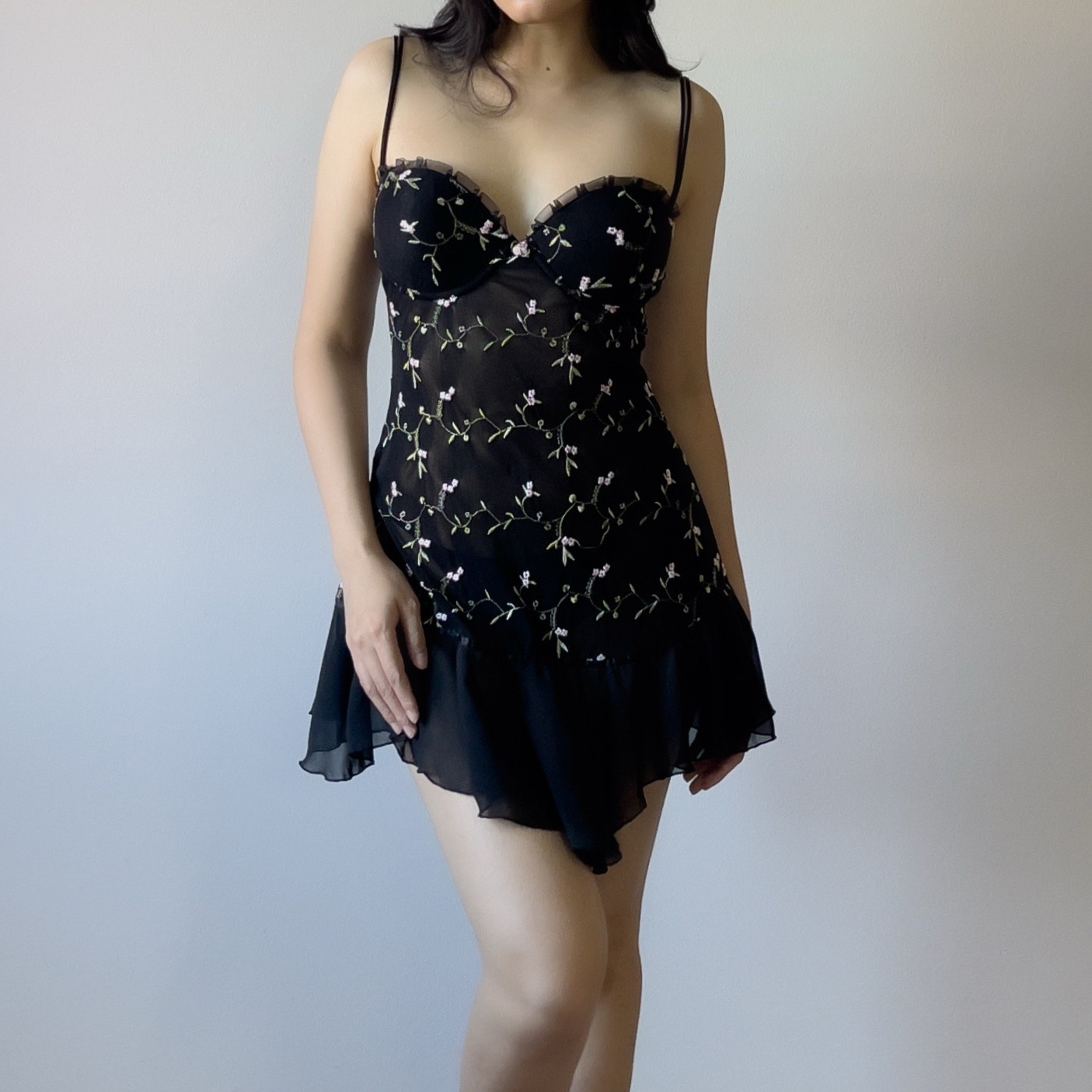 Romantic Y2K Black Floral Embroidered Semi-Sheer Mesh Slip Dress (M–L)