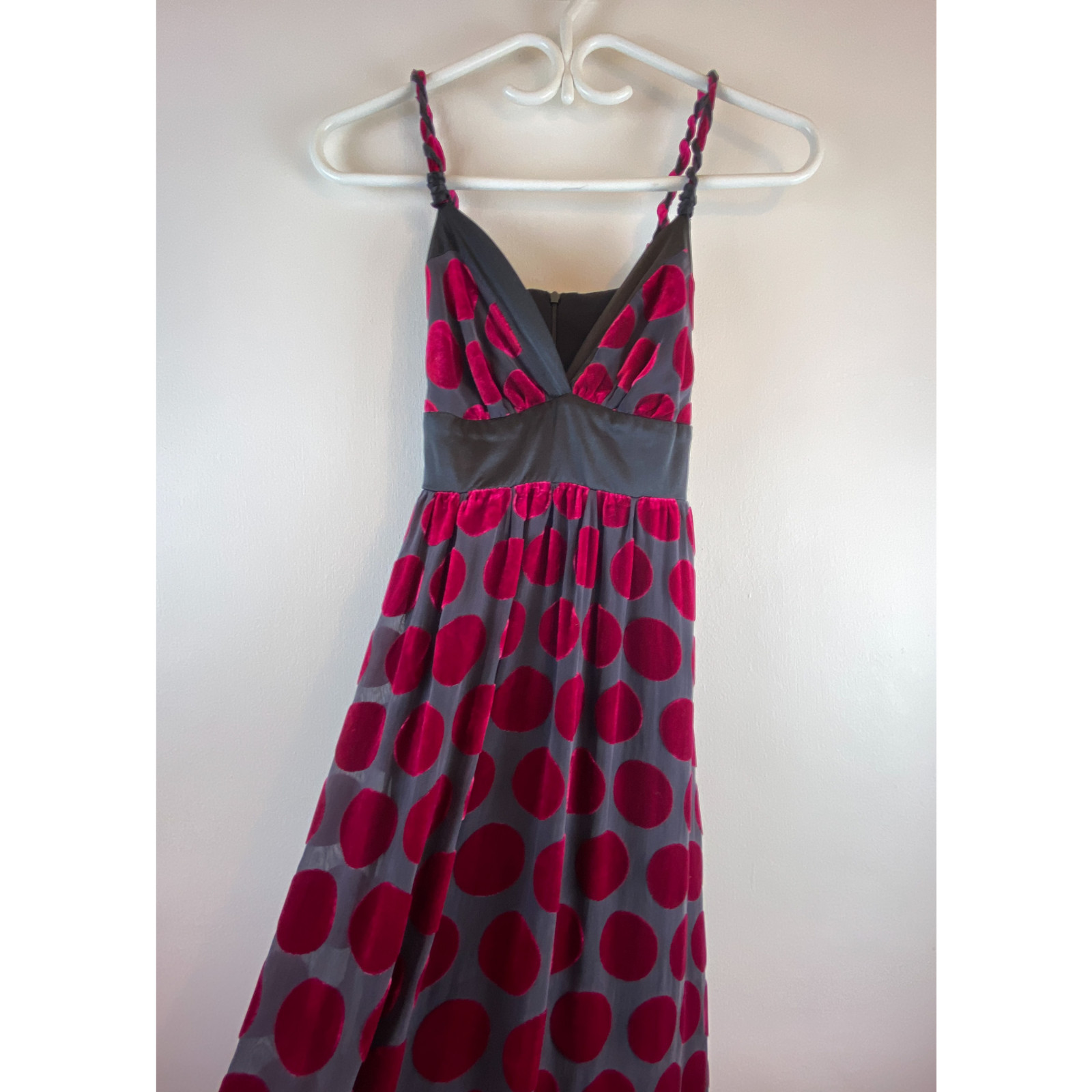 Voom Joy Han 90s Y2K Silk Velvet Polka Dot Maxi Dress XS Pink Fuchsia Black Goth