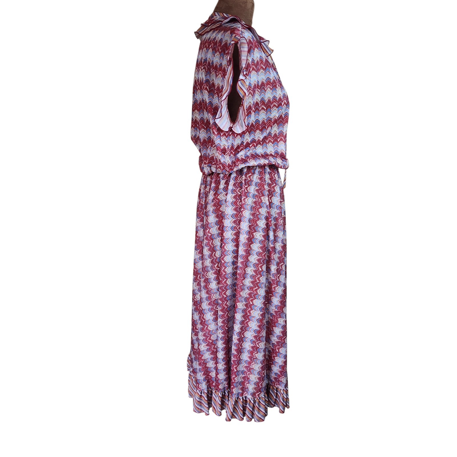 Vintage Strait Line Dress Rockabilly Chevron Striped Multicolor Sheer Ruffle