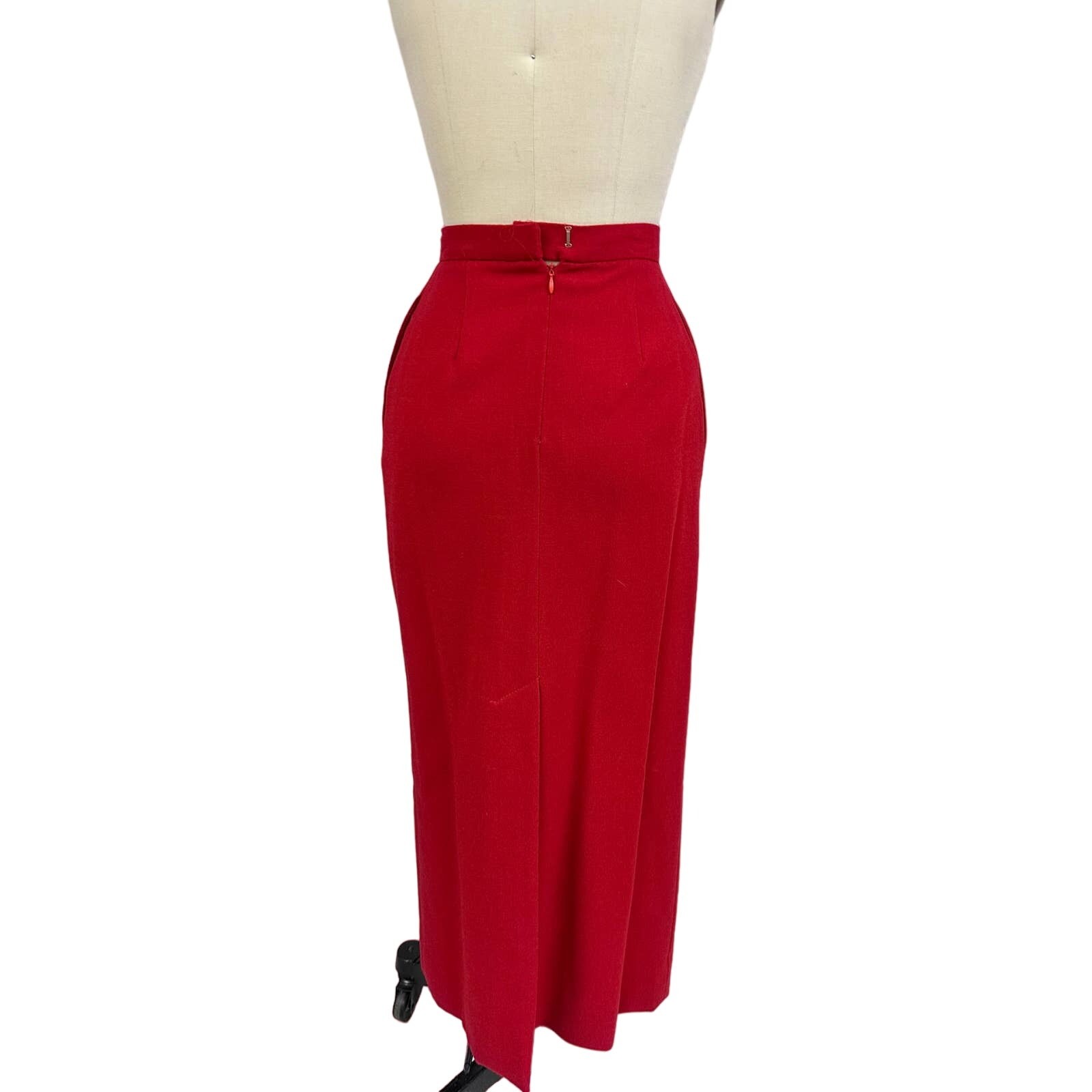 VTG 80s Red Wool Power Suit Black Bow Bustle Pencil Skirt Femme Fatale 4