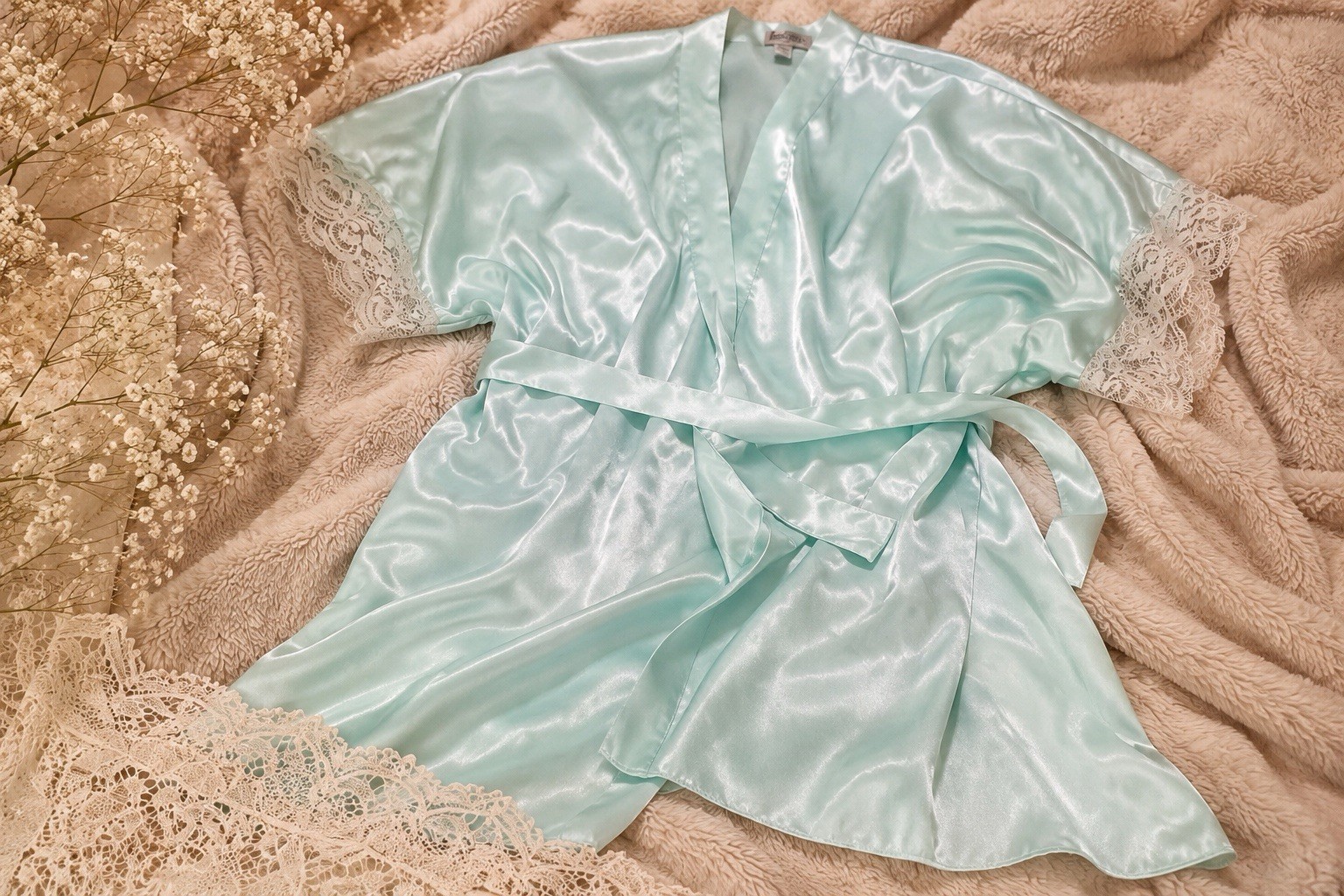 Pastel Baby Blue Silky Slippery Satin & Lace Trim Robe w/ Tie Sz L Laura Adams