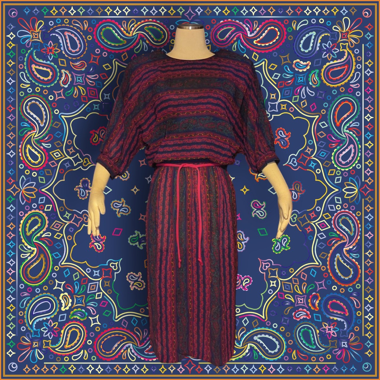 PELLINI By VON BRAMLETT Navy Blue Hot Pink SECRETARY Dress PAISLEY Vintage 80’s