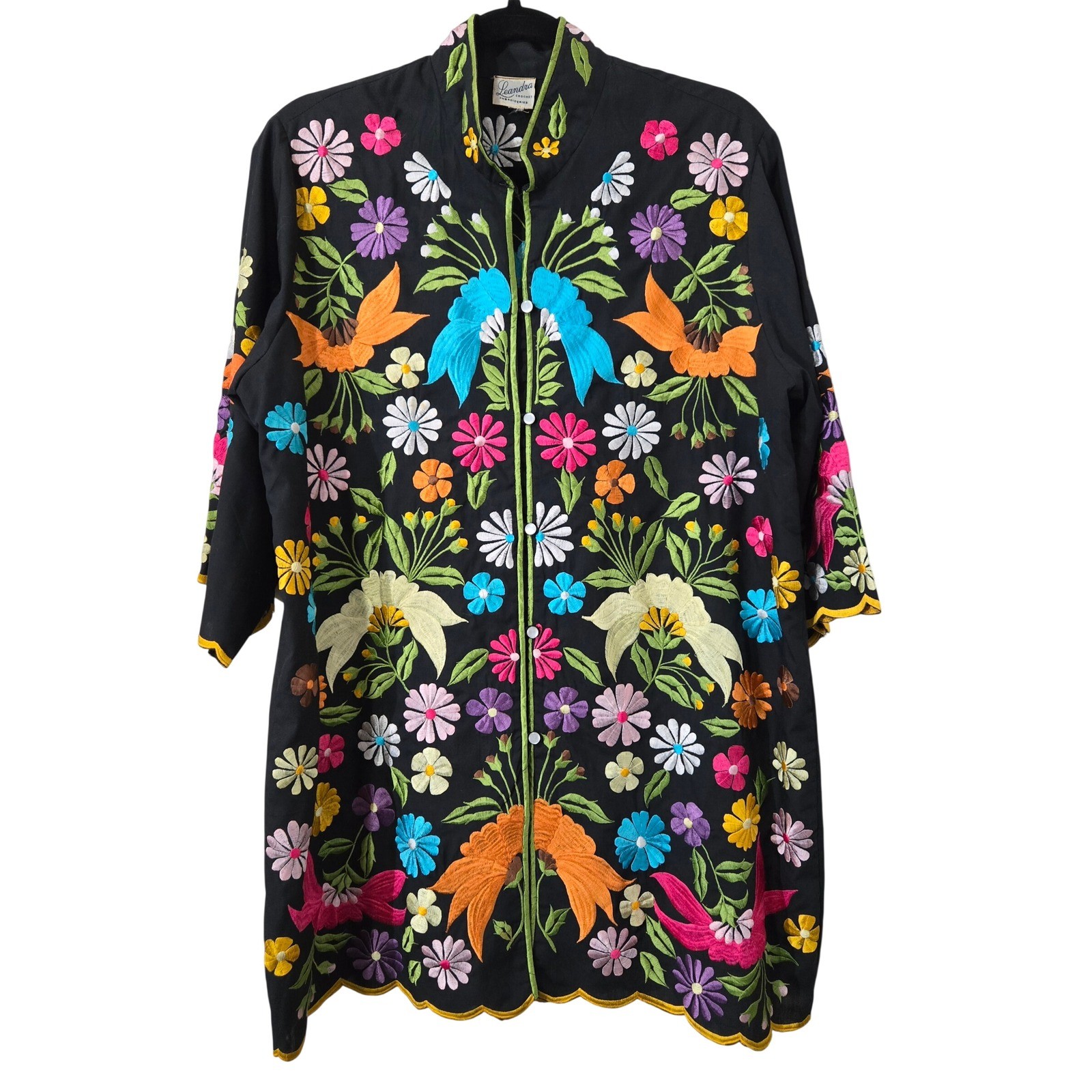 Leandra Vintage Embroidered Floral Bird Tunic Black Mandarin Collar Scallop LG