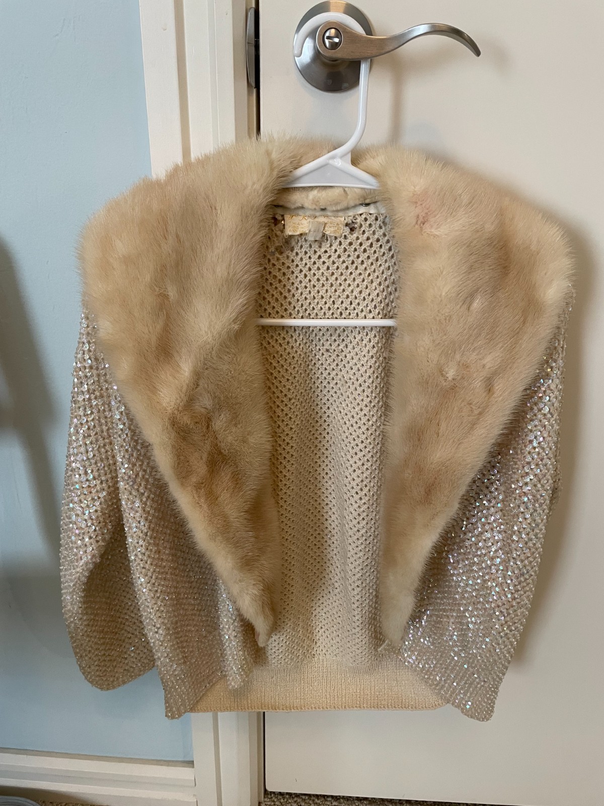 Vintage 1950s Hand Knitted Wool and Beaded Sequins Fur Collar Sweater/Jacket