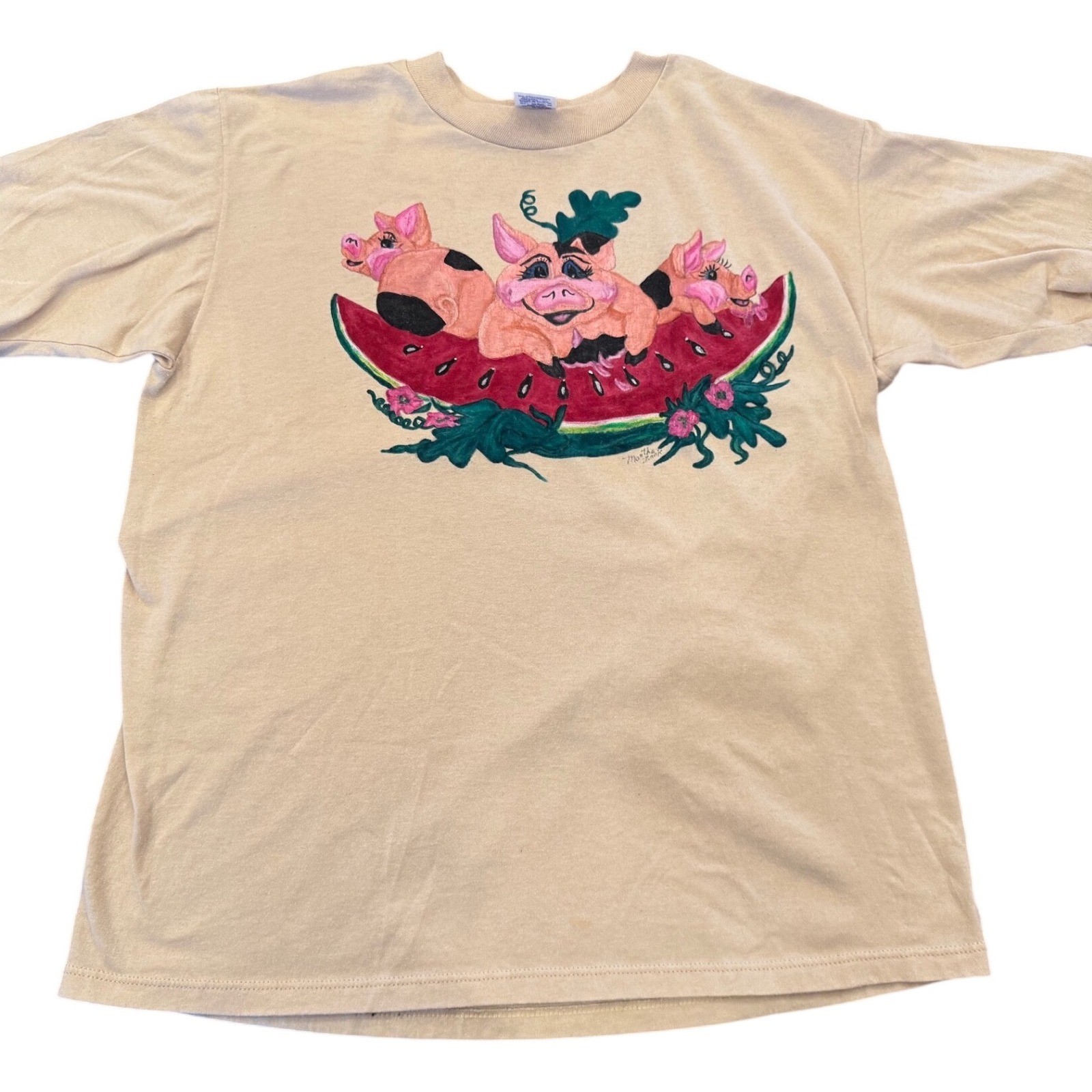 Vintage Jerzees Tan T-Shirt Hand Painted Pigs Watermelon Graphic XL Made in USA
