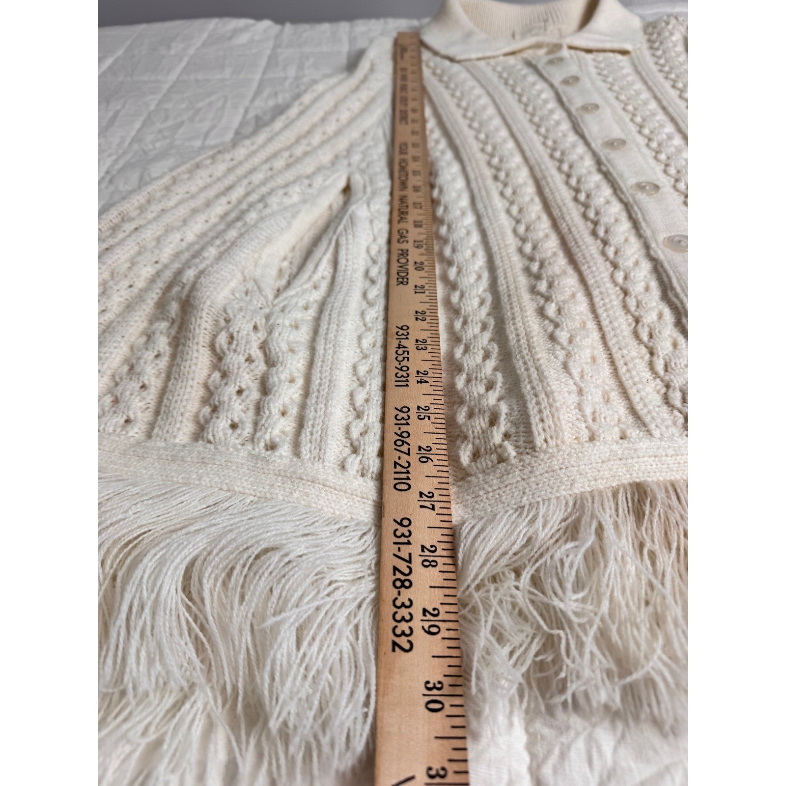 Cottagecore Cream Cable Knit Button Boho Front Poncho Cape Fringe Collared 70s