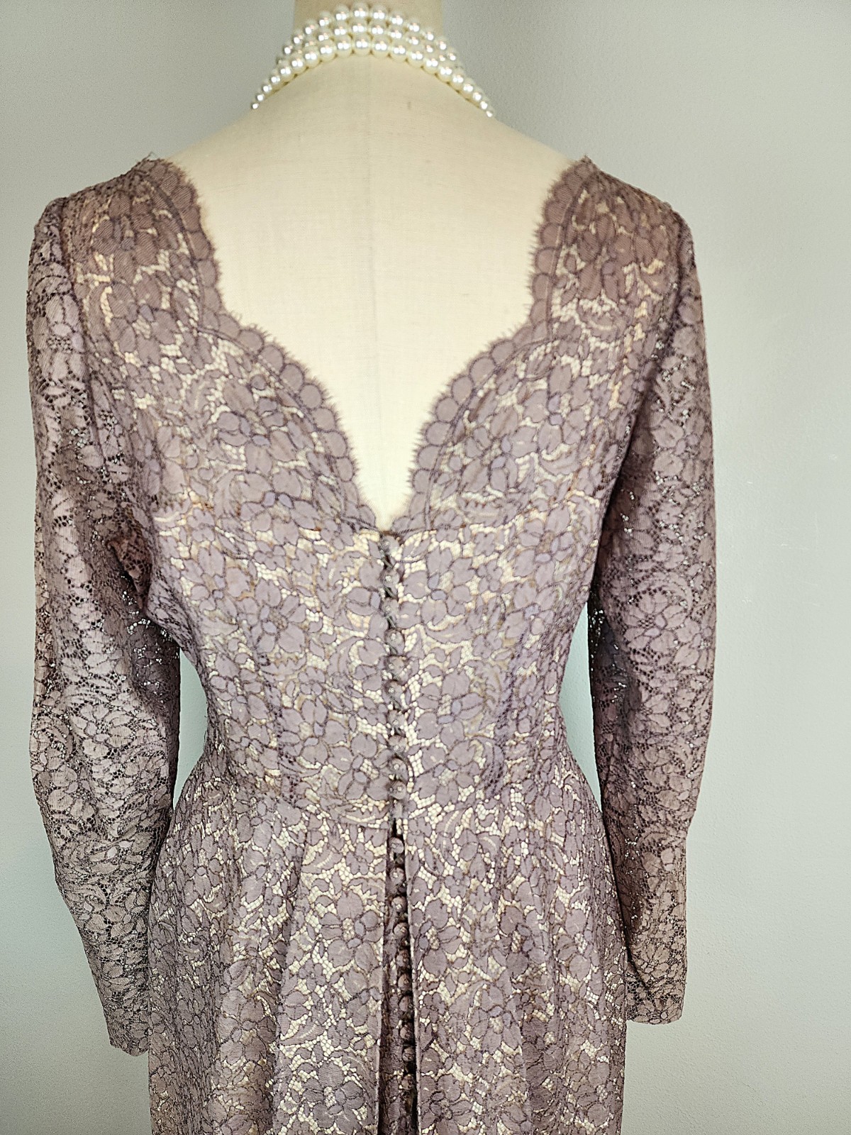 Vintage Late 1940’s Mauve Lace Over Champagne Satin Cocktail Dress with Godet