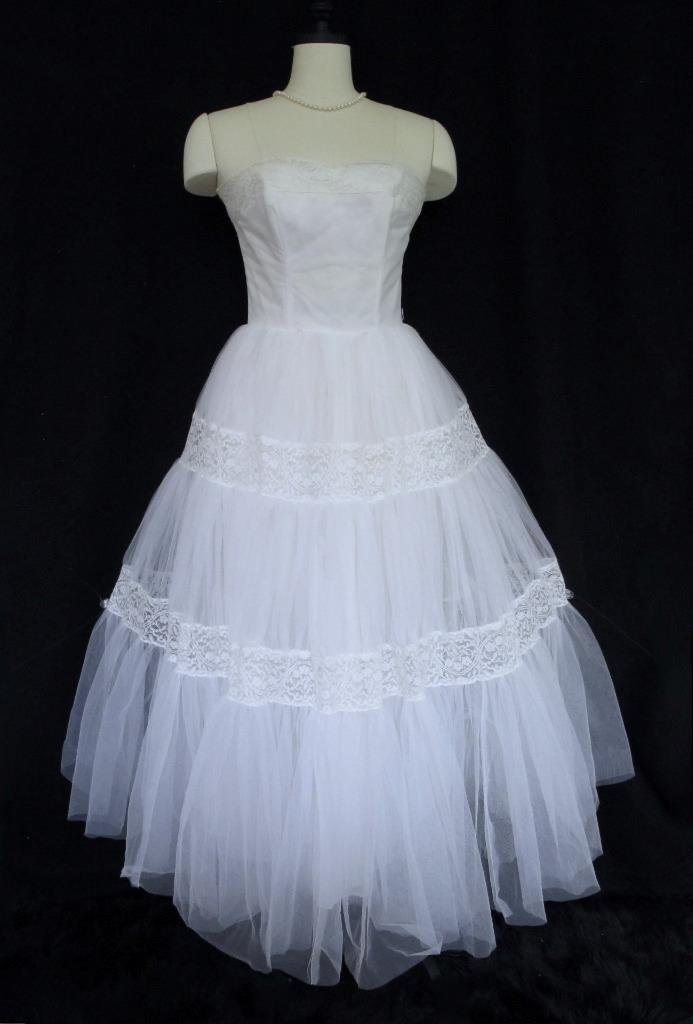 Vintage 50s Emma Domb White Tulle & Lace 2pc Wedding or Prom Dress Tiered Ruffle