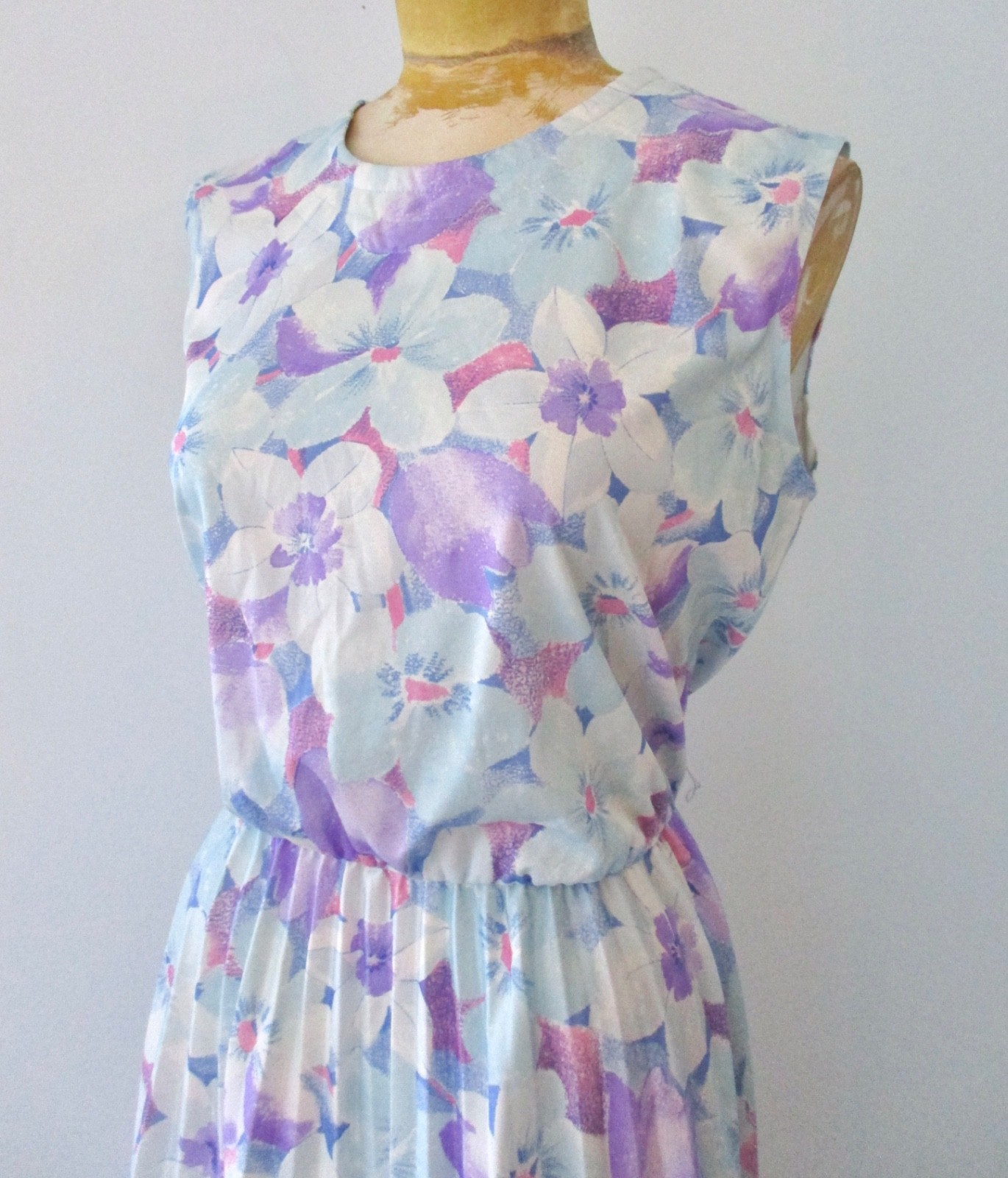 Vtg 70s Ms Lea Pink Purple Floral Poly Knit Secretary Dress Accordion Pleats 16