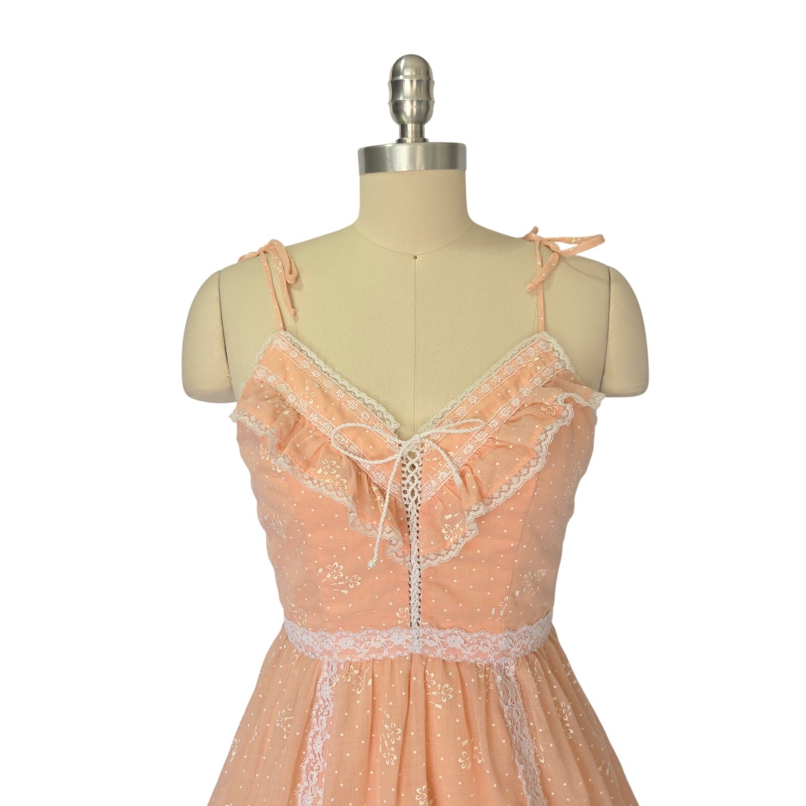 Candi Jones Vintage 70s Prairie Midi Dress Size S 9 Peach Pink Corset Lace Up