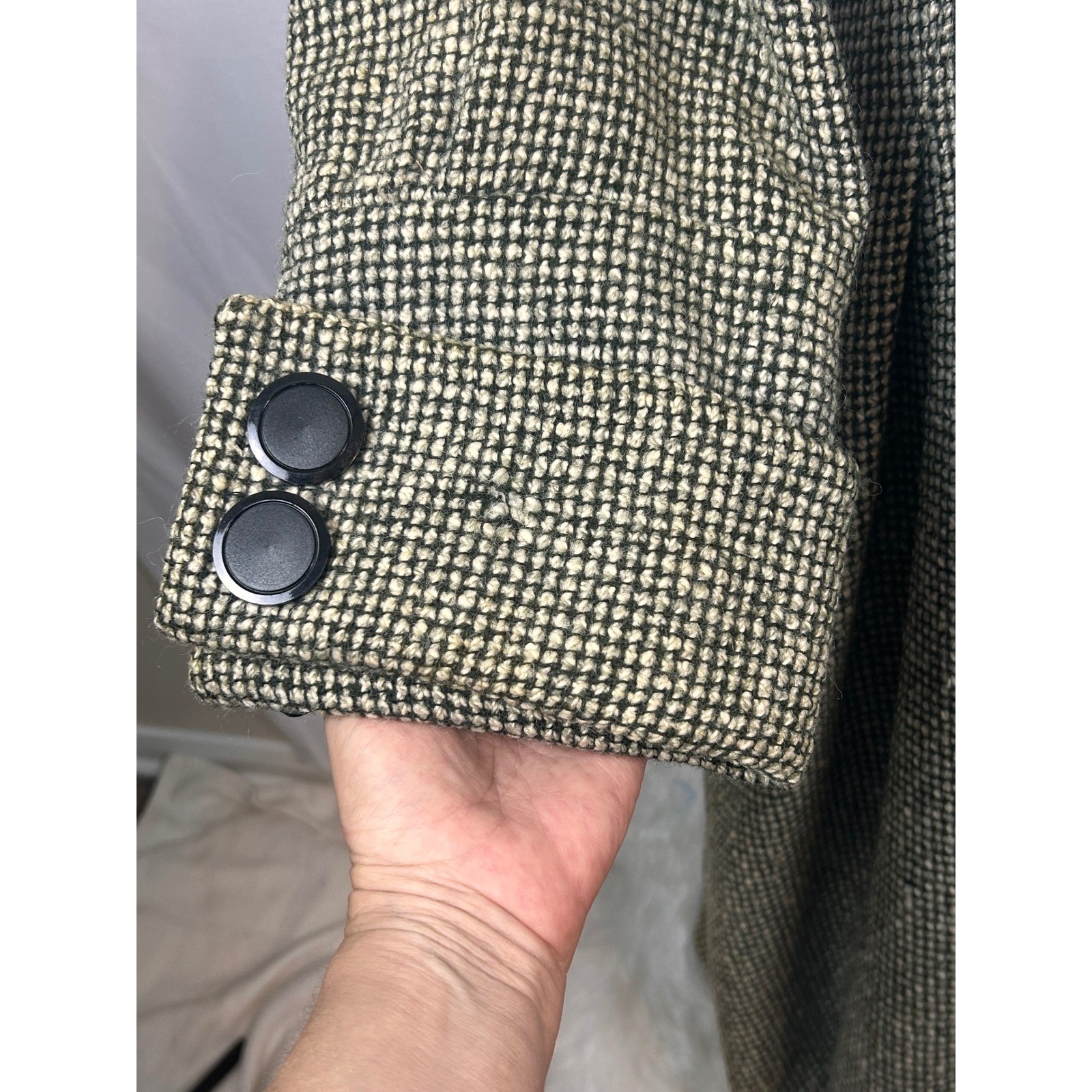 Vintage Great Britain Black White Tweed Wool Maxi Coat Long Trench Jacket Womens