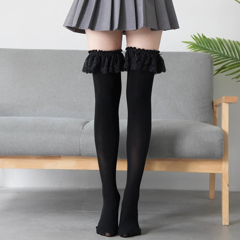Thigh High Socks Frilly Lace Patchwork Over Knee Long Stockings Cosplay An