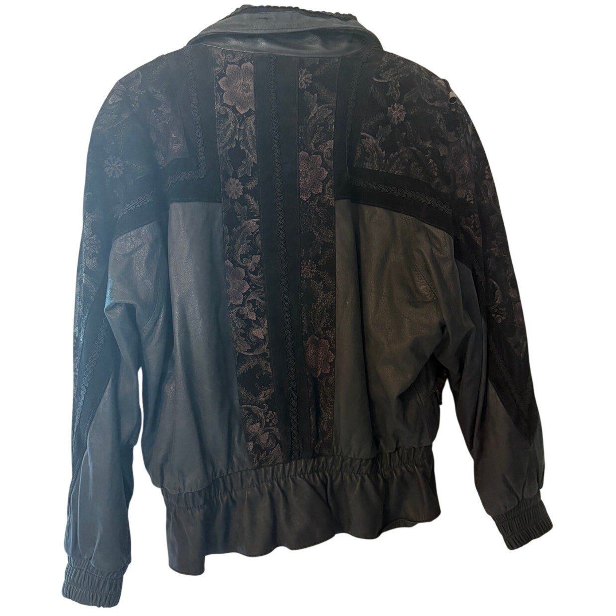 Vintage G-III Rare Leather Floral Lace Quilted Bomber Jacket Black EUC