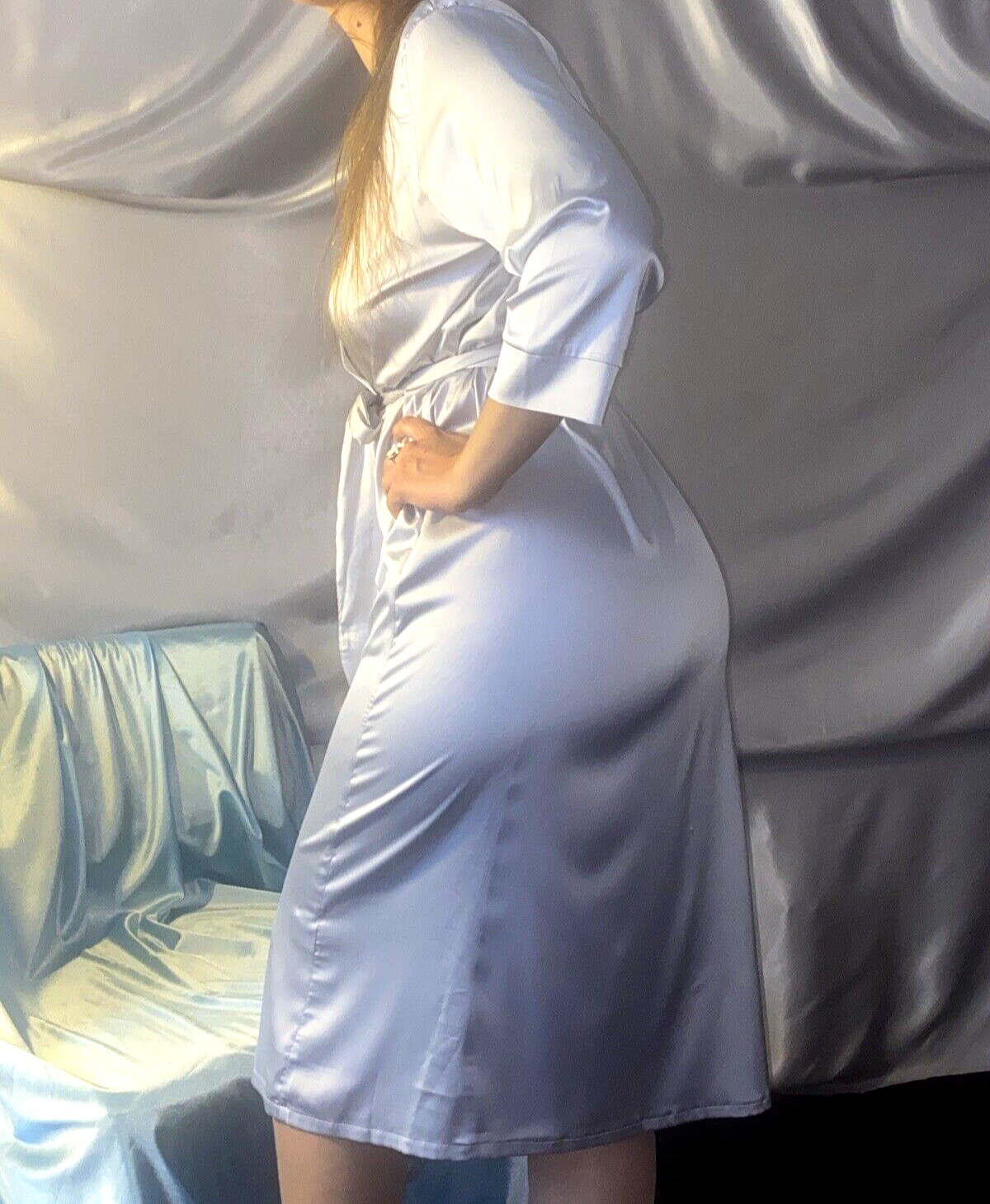 VTG SILVER SATIN FROSTY 42 44 LINGERIE Babydoll Nightgown ROBE L/xl