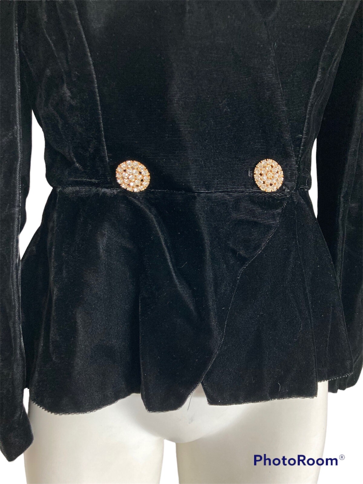 Vintage 80’s Black Velvet Mutton Sleeve Peplum Blazer Rhinestones Bow Sz S 4-6