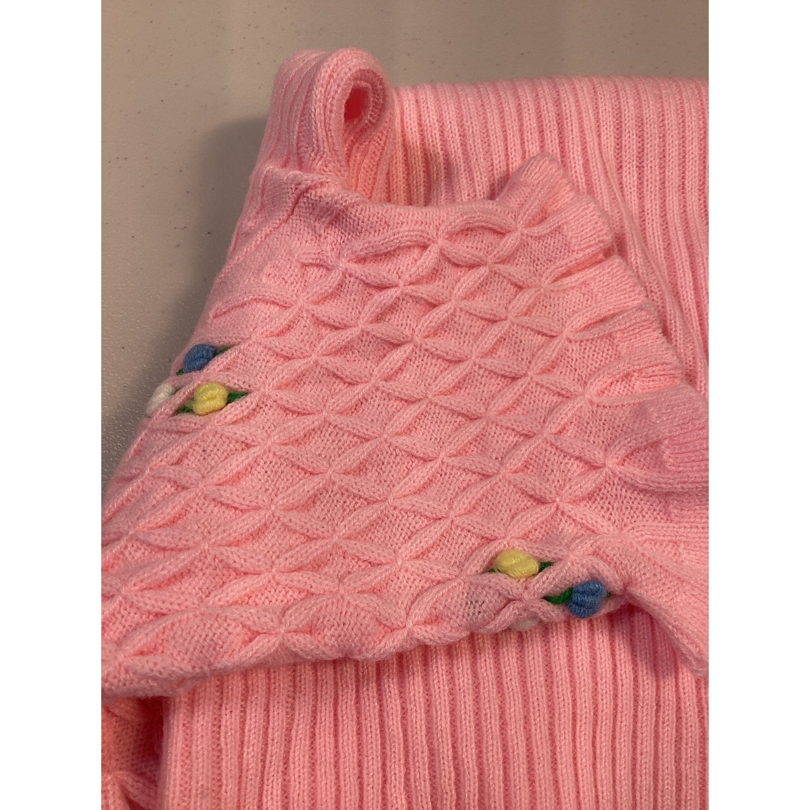 Vintage Pink Ribbed Knit Floral Embroidered Square Neck Short Sleeve Sweater S