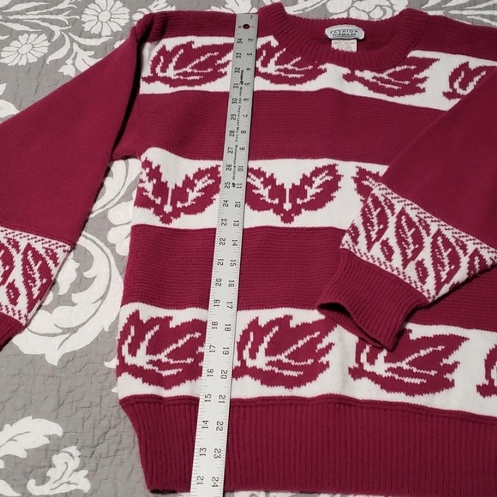 Vtg 90s Fashion Formulas Knit Purple Plum White Sweater Stripe, Leaf Design, Sm