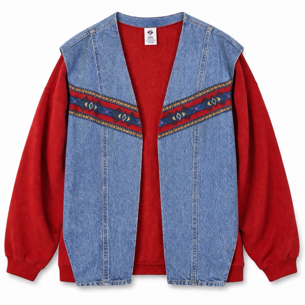 Jerzees Womens Red Denim Tribal Jacket Open Front Reworked 90s 3XL Handmade Vtg