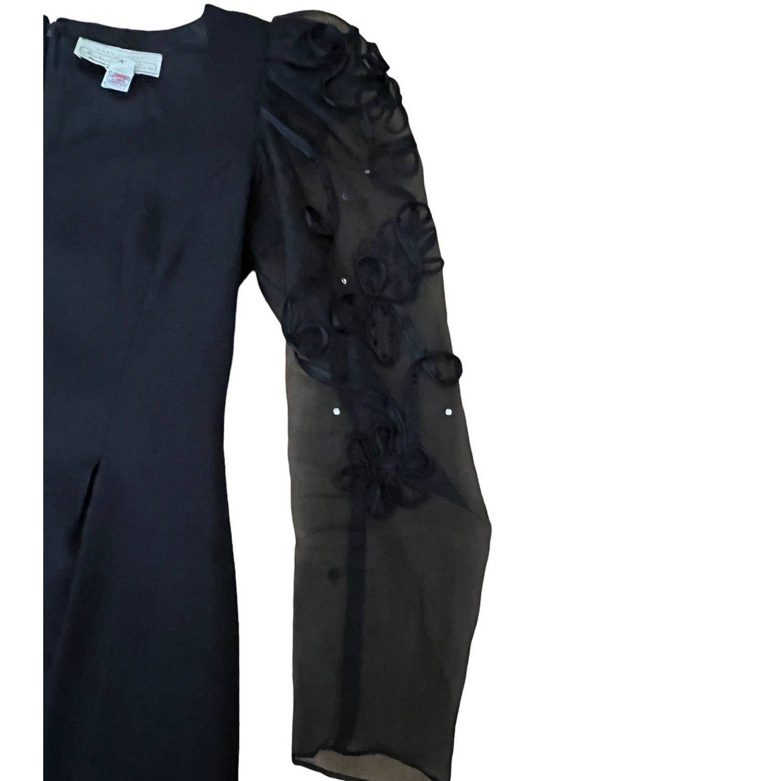 VTG Maya Jornot Michael Marcella Dress Womens 8 Black Sheer Floral Sleeve Glam