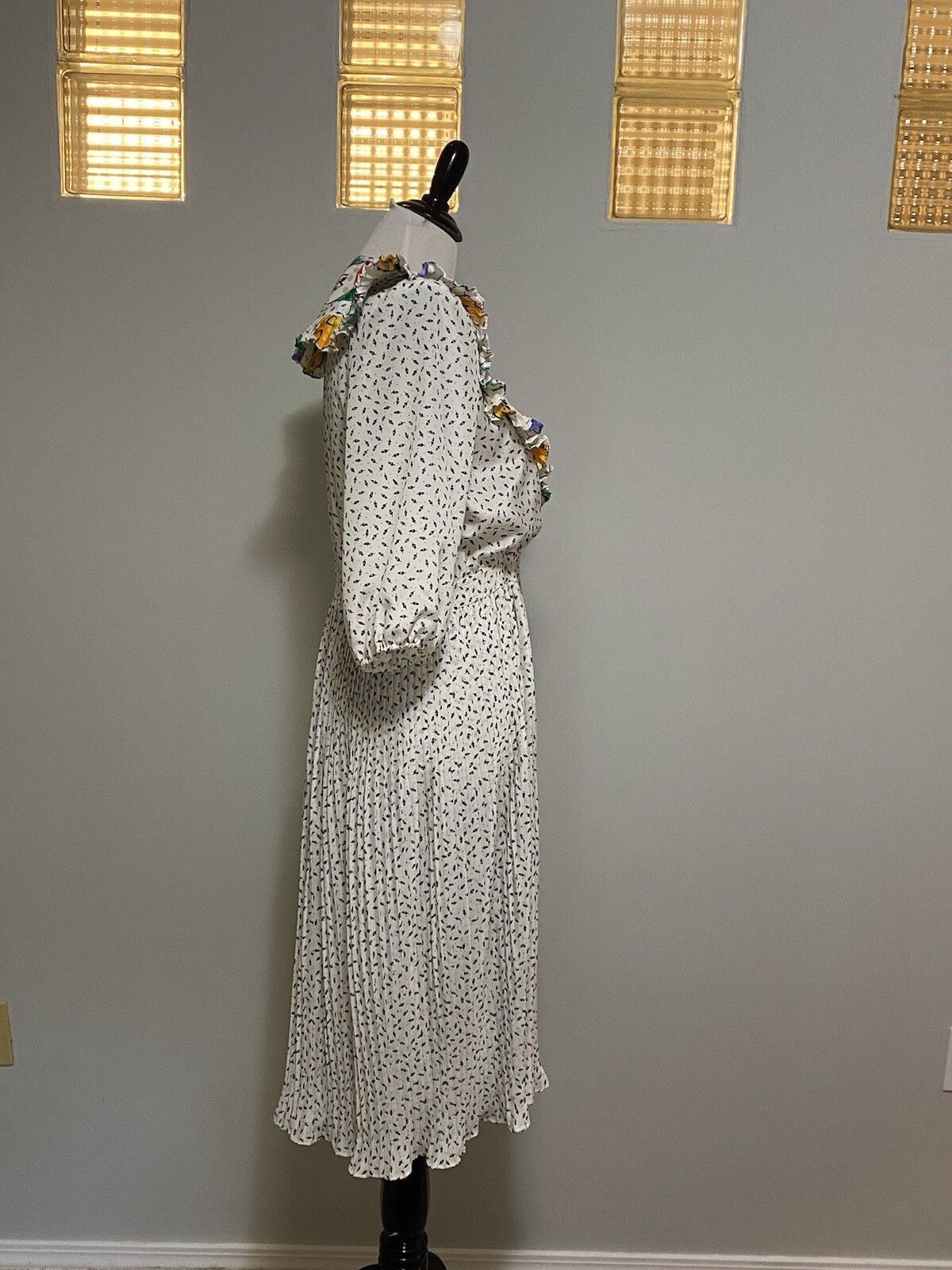 Susan Freis I Magnin Dress Vtg 1980s Black White Boho Pleated Small