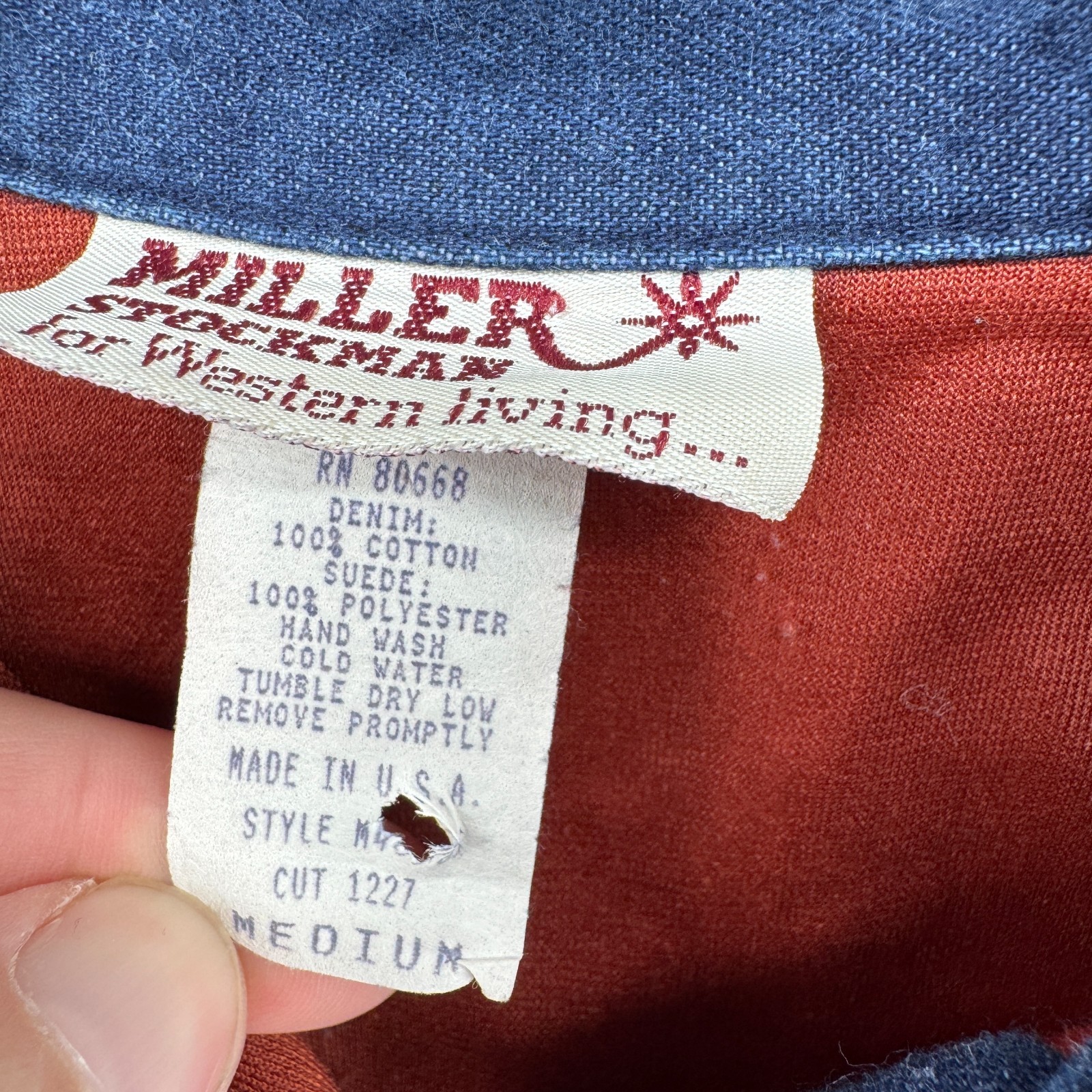 Vintage Miller Stockman Denim Shirt Womens M Blue Red Suede Yoke Cowboy