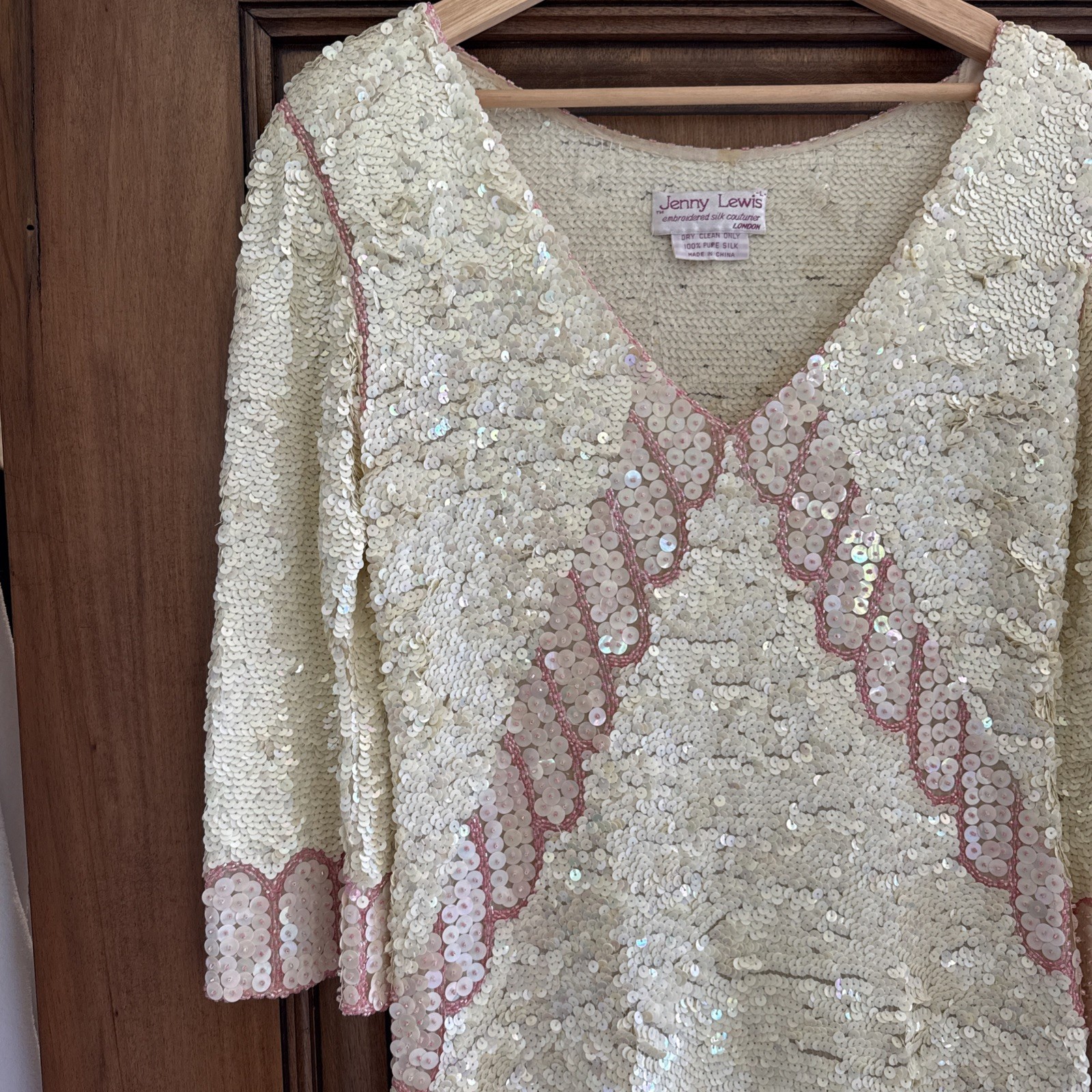 Vintage 80s Jenny Lewis London 100% Silk Sequin Dress Art Deco Handkerchief Hem