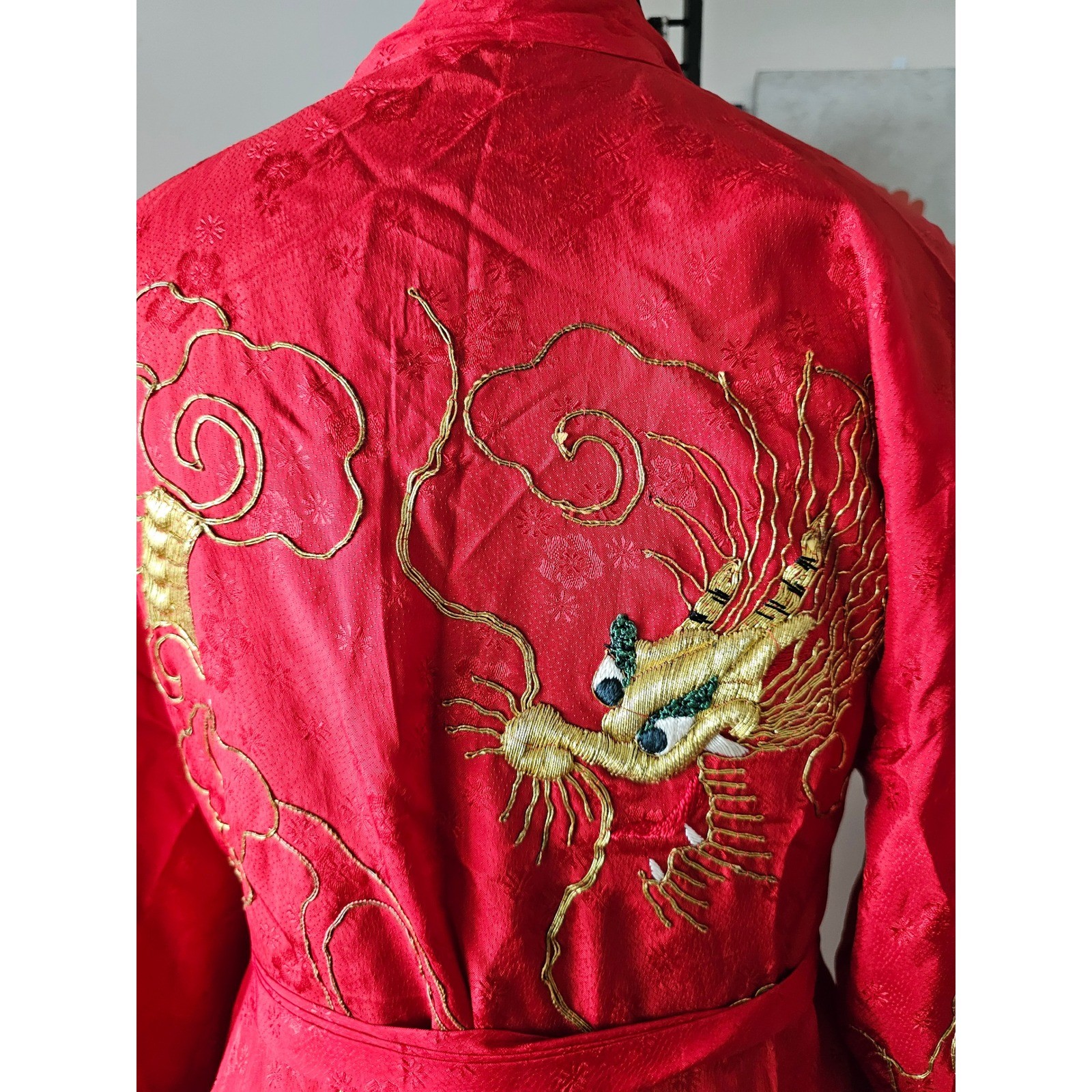 Vintage Red Satin Kimono Robe Gold Dragon Embroidery Long Loungewear Dress