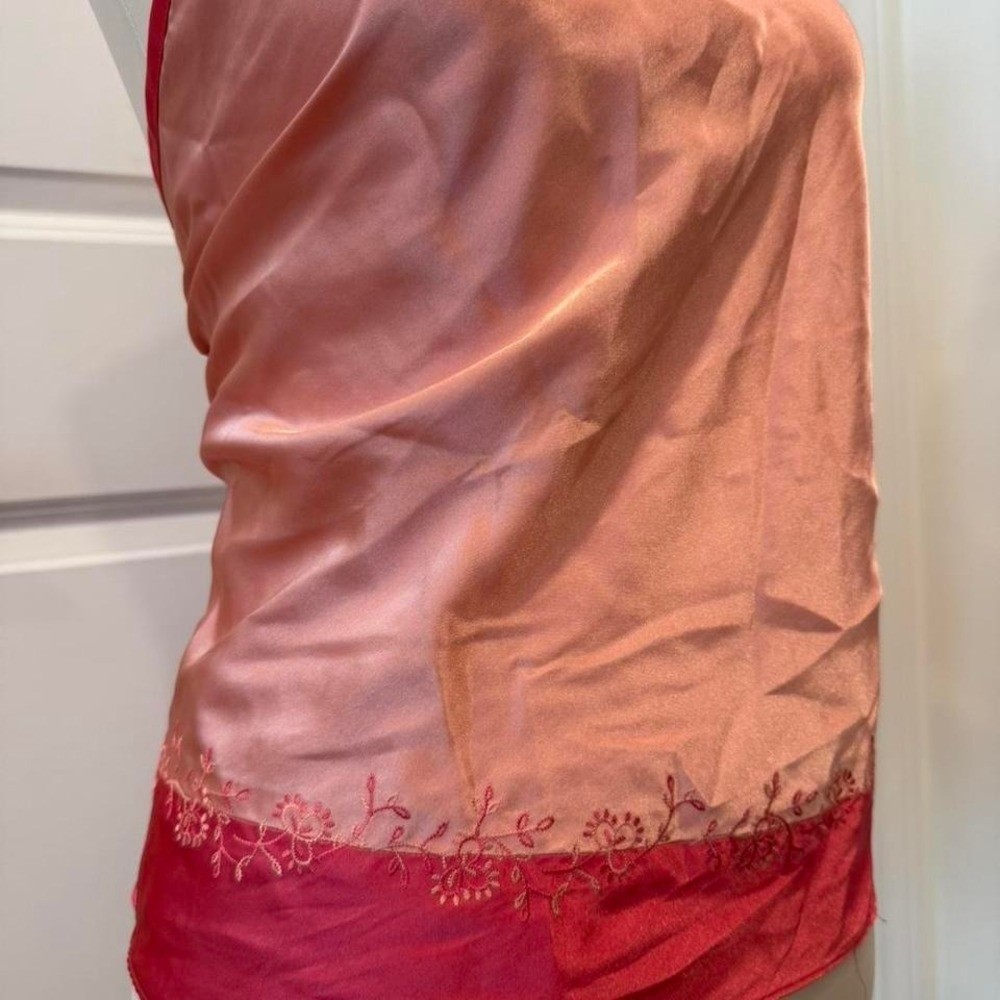 Y2K Secret Sleepwear Pink & Red Satin Cami Top Floral Embroidery Contrast Trim L