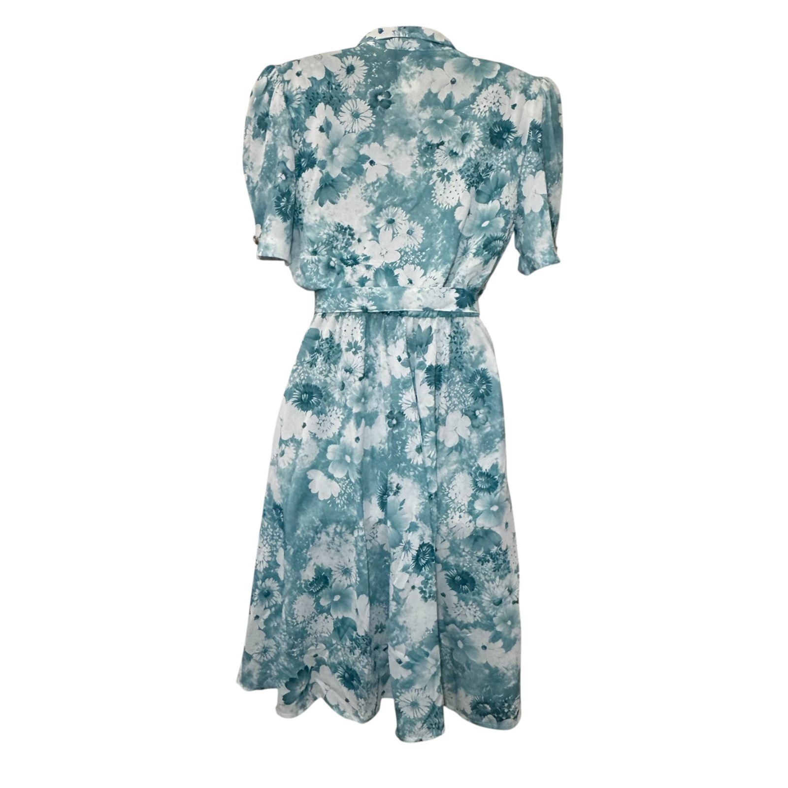 New VTG California Looks Dress Woman SZ 8 Petite Aqua Floral Belted CottageCore
