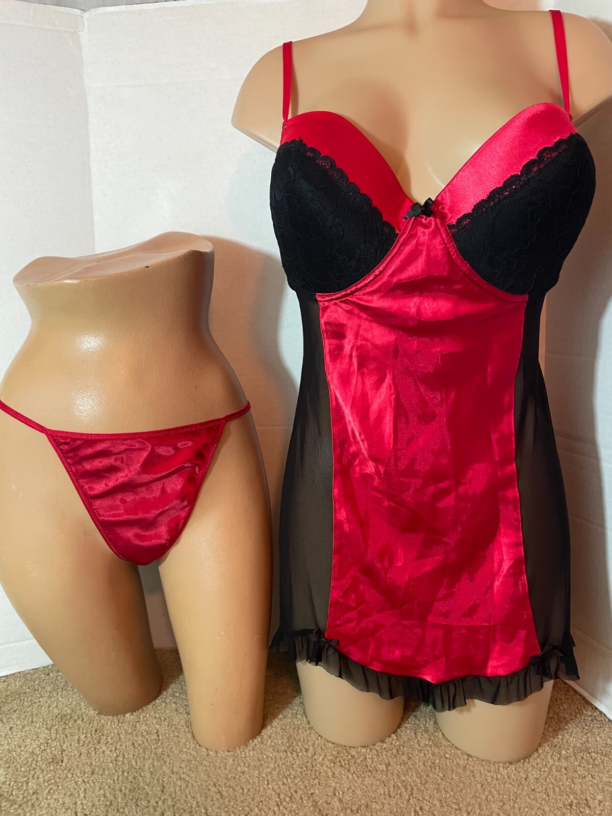 Vtg XL Red SATIN PADDED Babydoll Nightgown &G-STRING PANTY Set Lot 40 Lace Mesh