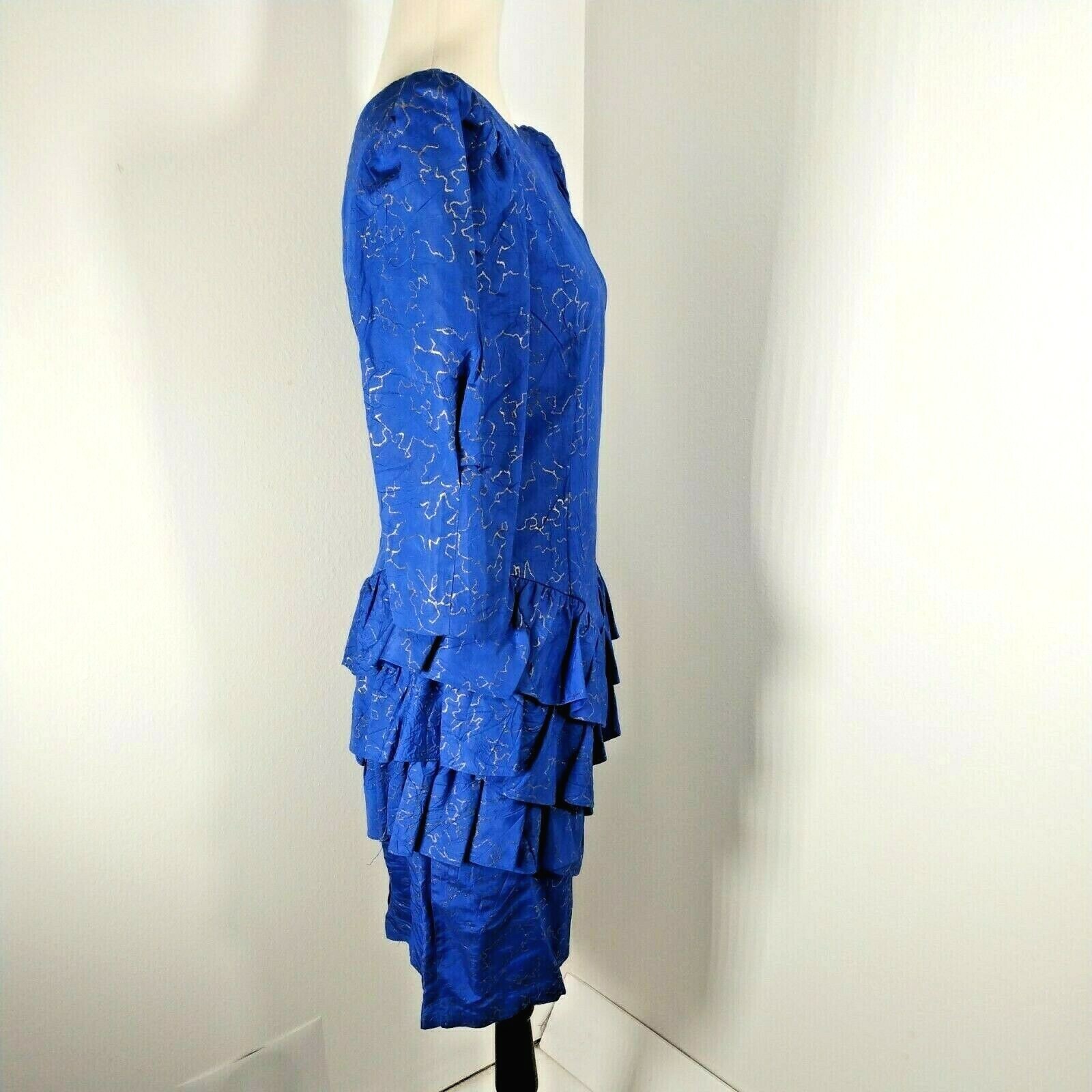 CREME Midi Dress Womens 7 Midi Blue Gold Puffy Sleeve Ruffles 80’s True Vintage