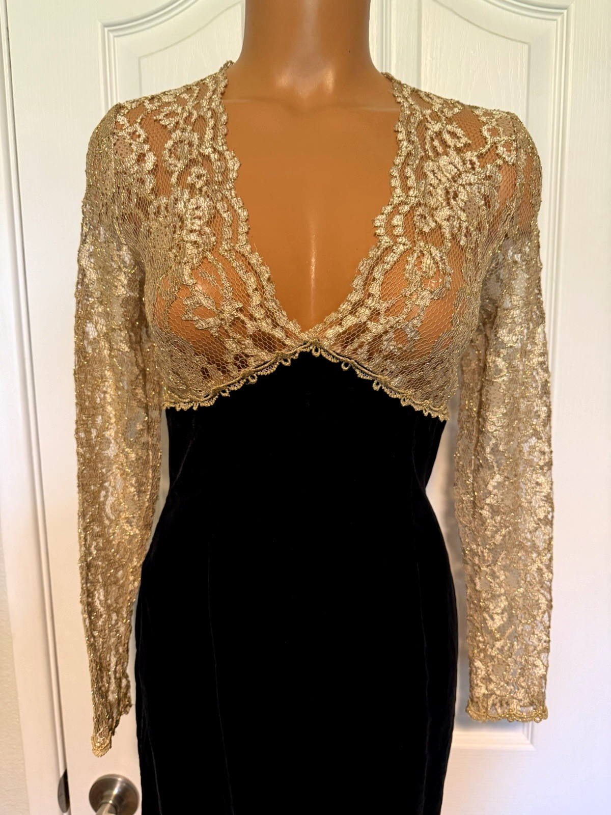 VTG 80’S SCOTT McCLINTOCK BLACK VELVET W/ METALLIC GOLD LACE DRESS SZ 4 (S)