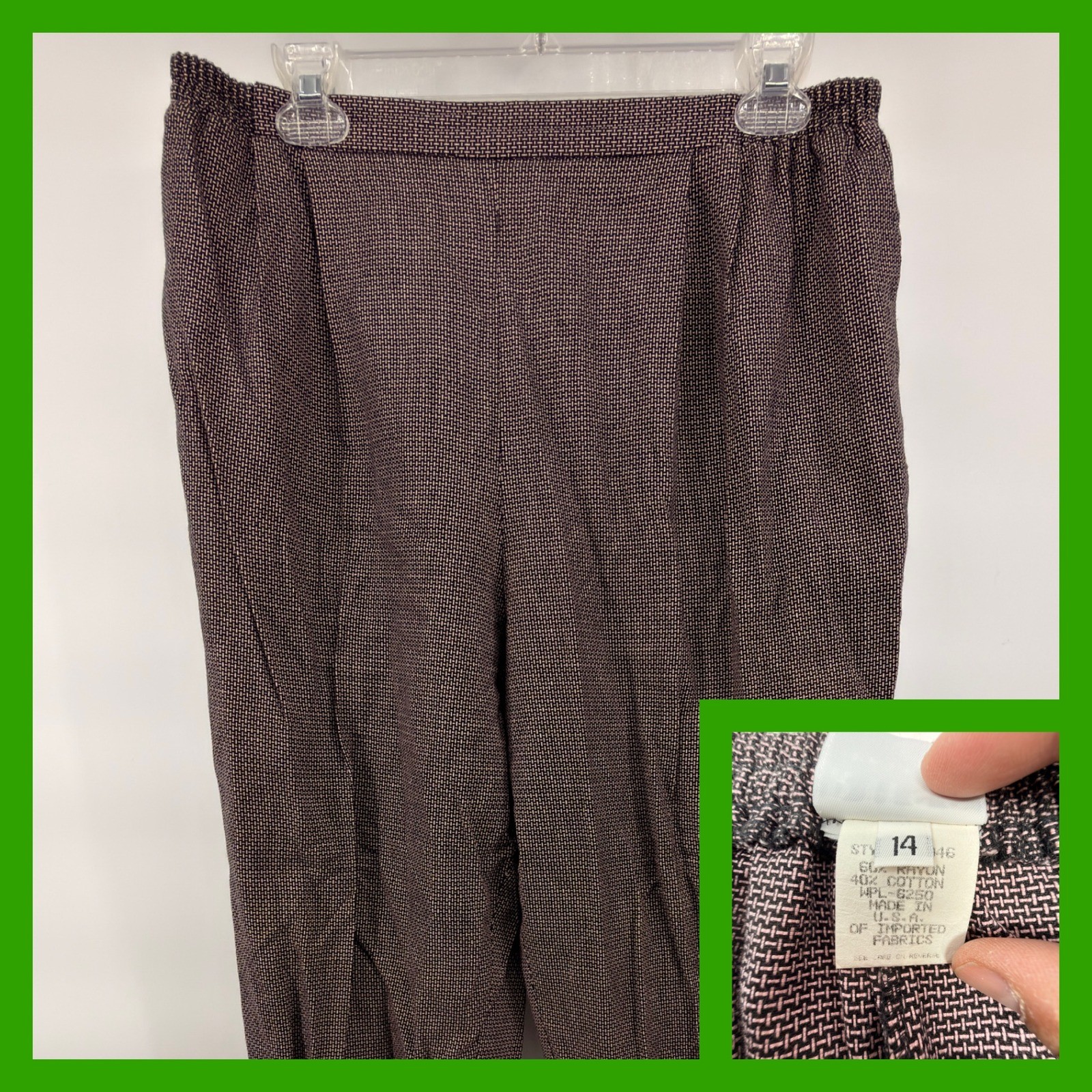 Vtg Russ Petites Pants 14 Pink Black Geometric Micro Tweed High Rise Made in USA