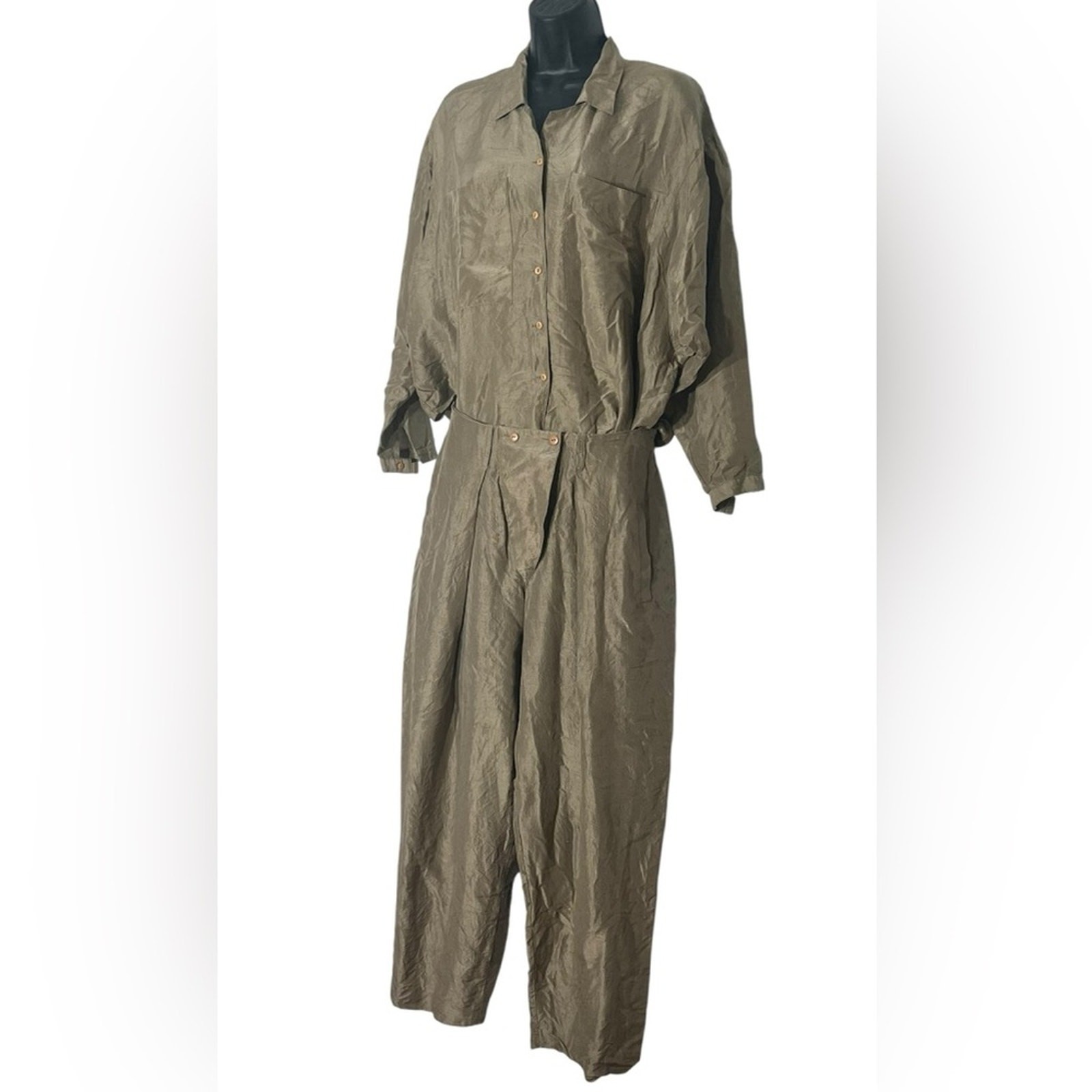 Vintage 80s Silk Set Padded Shoulder Power Suit Camel Tan Utility Pants M